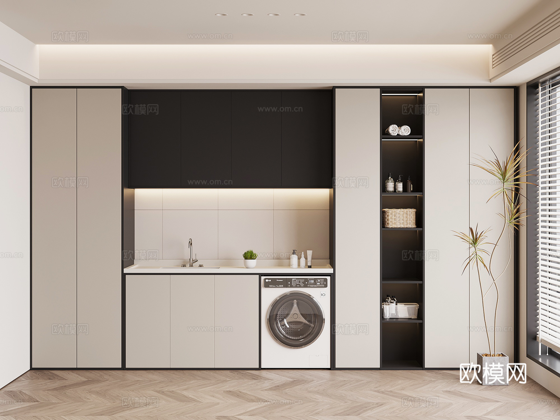 现代意式洗衣房 洗衣机柜su模型