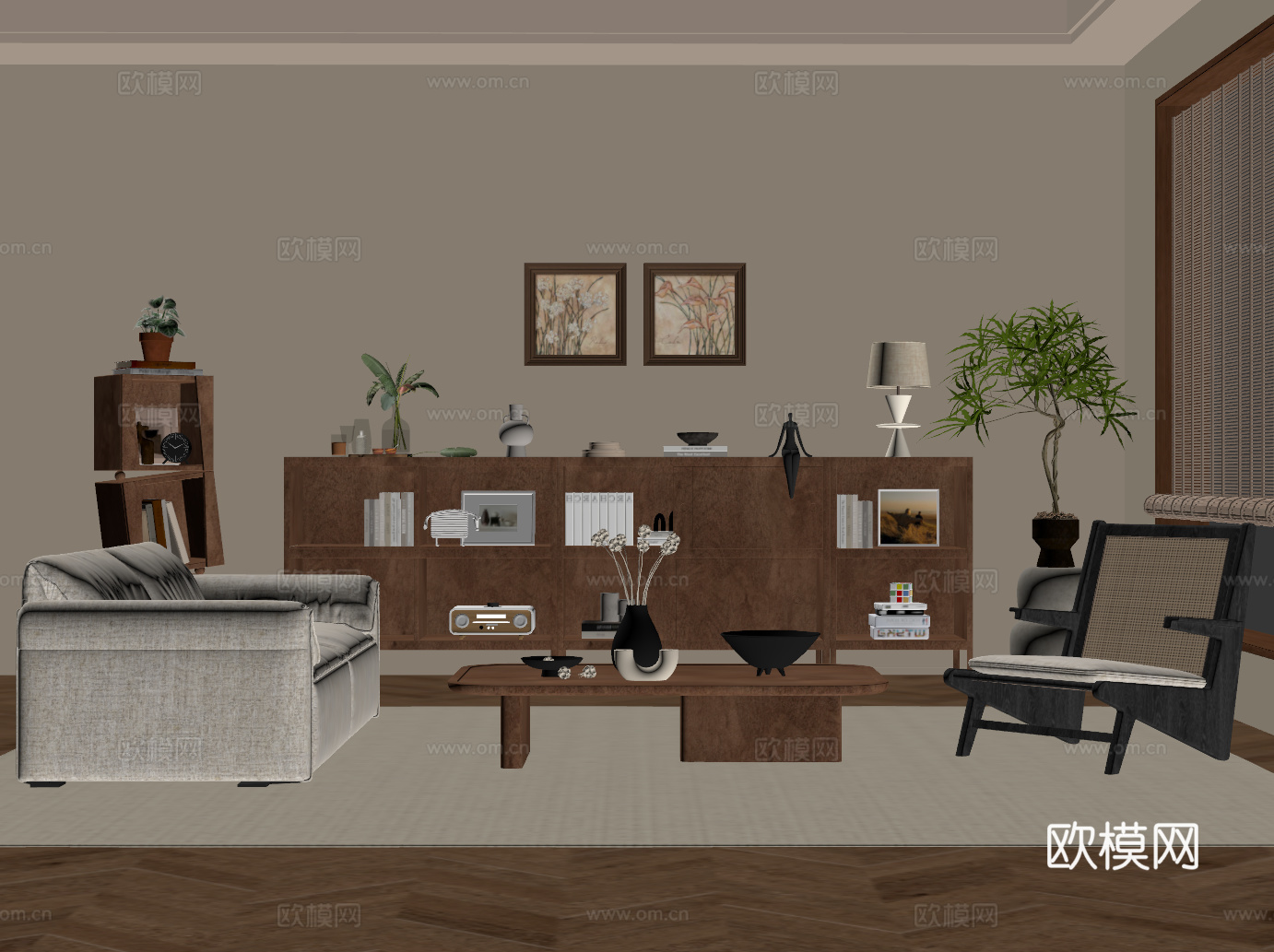 现代中古风客厅 沙发茶几组合 矮柜 书柜su模型