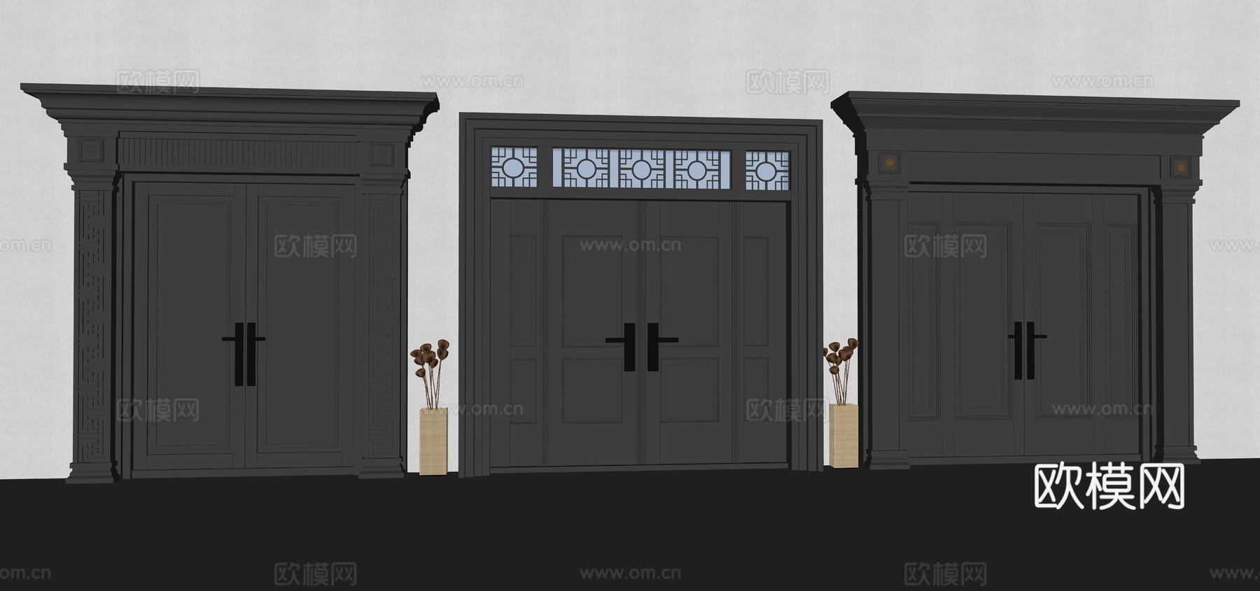 双开门  新中式大门su模型