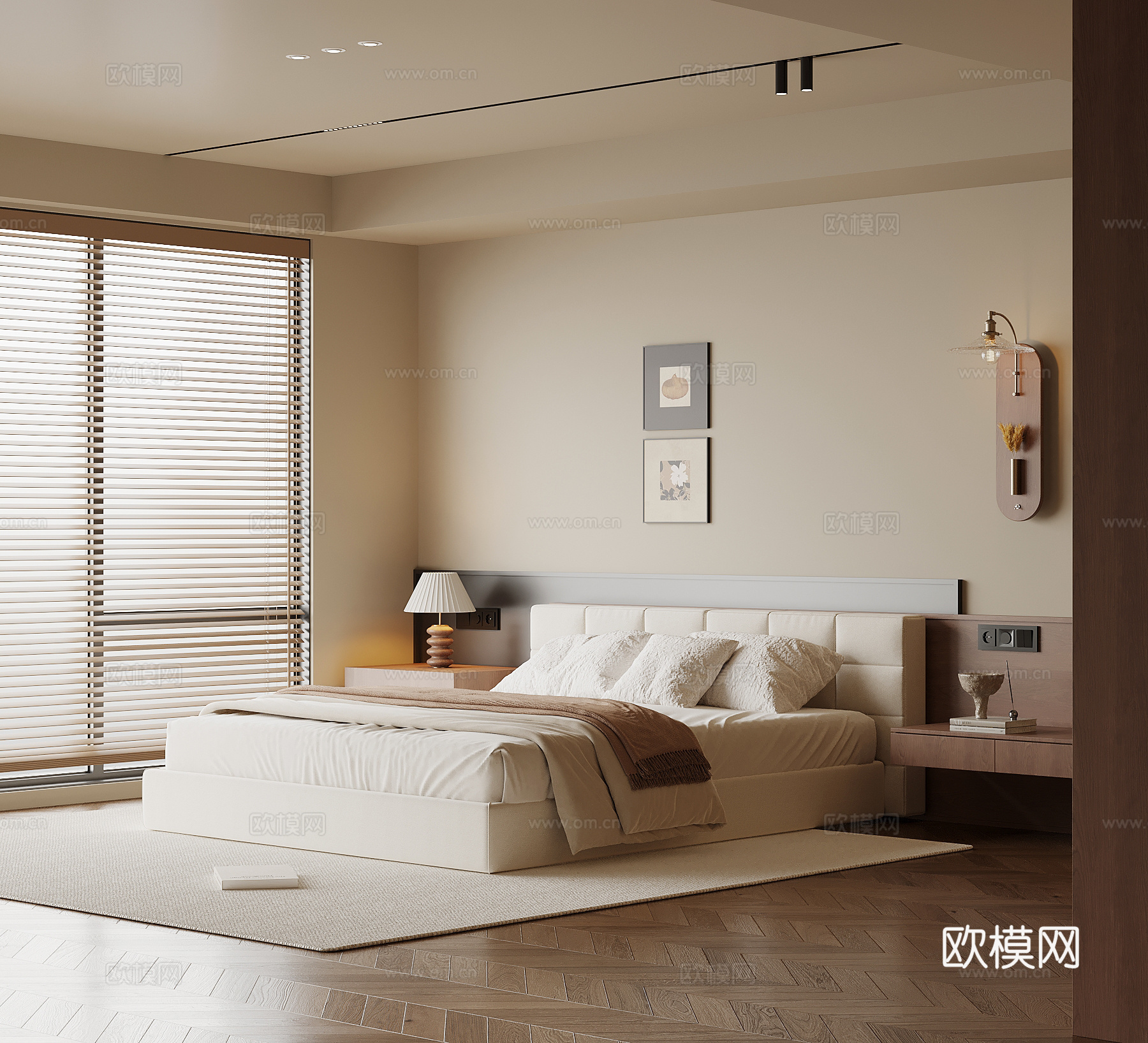 中古风卧室 双人床 背景墙 床头柜 装饰画su模型