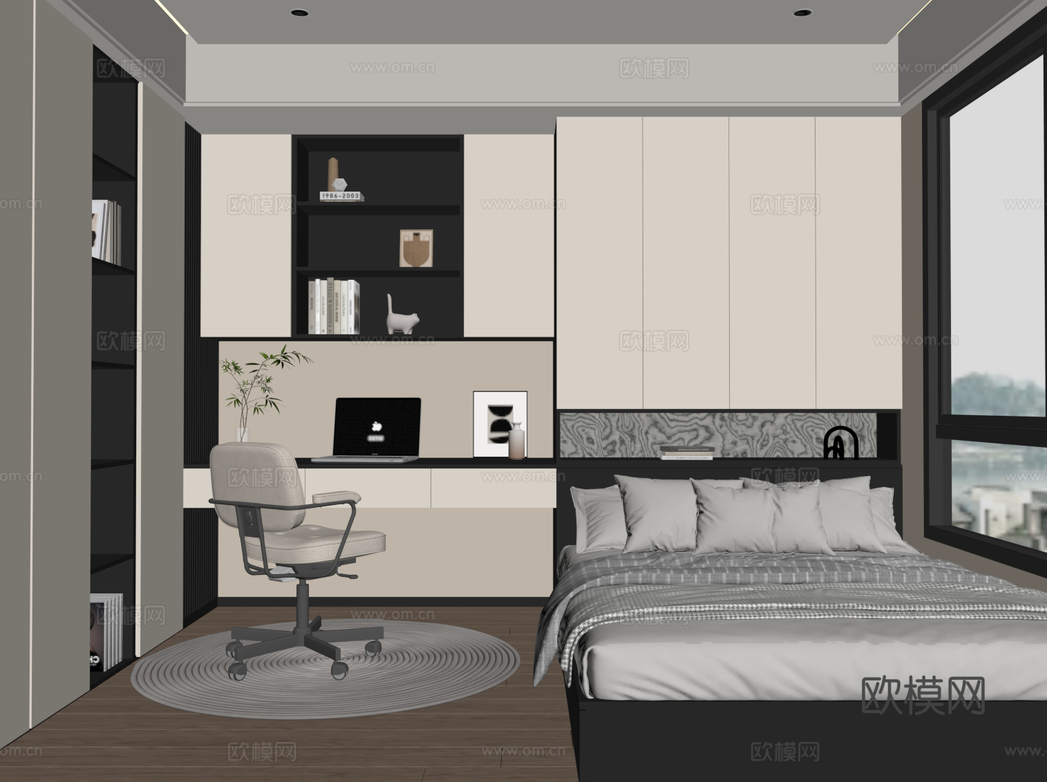 现代榻榻米卧室 黑白灰榻榻米卧室su模型
