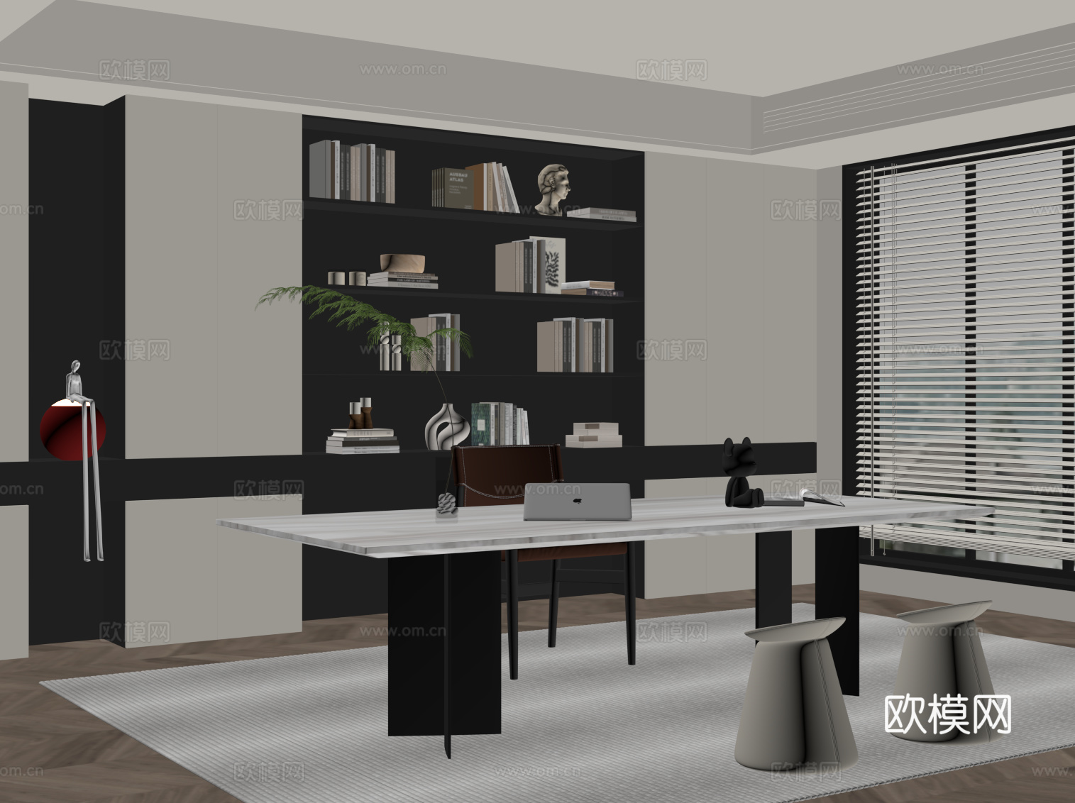 现代书房 书桌椅 书柜su模型