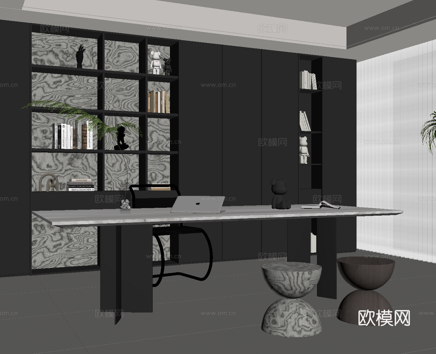 现代意式书房 书桌椅 书柜su模型