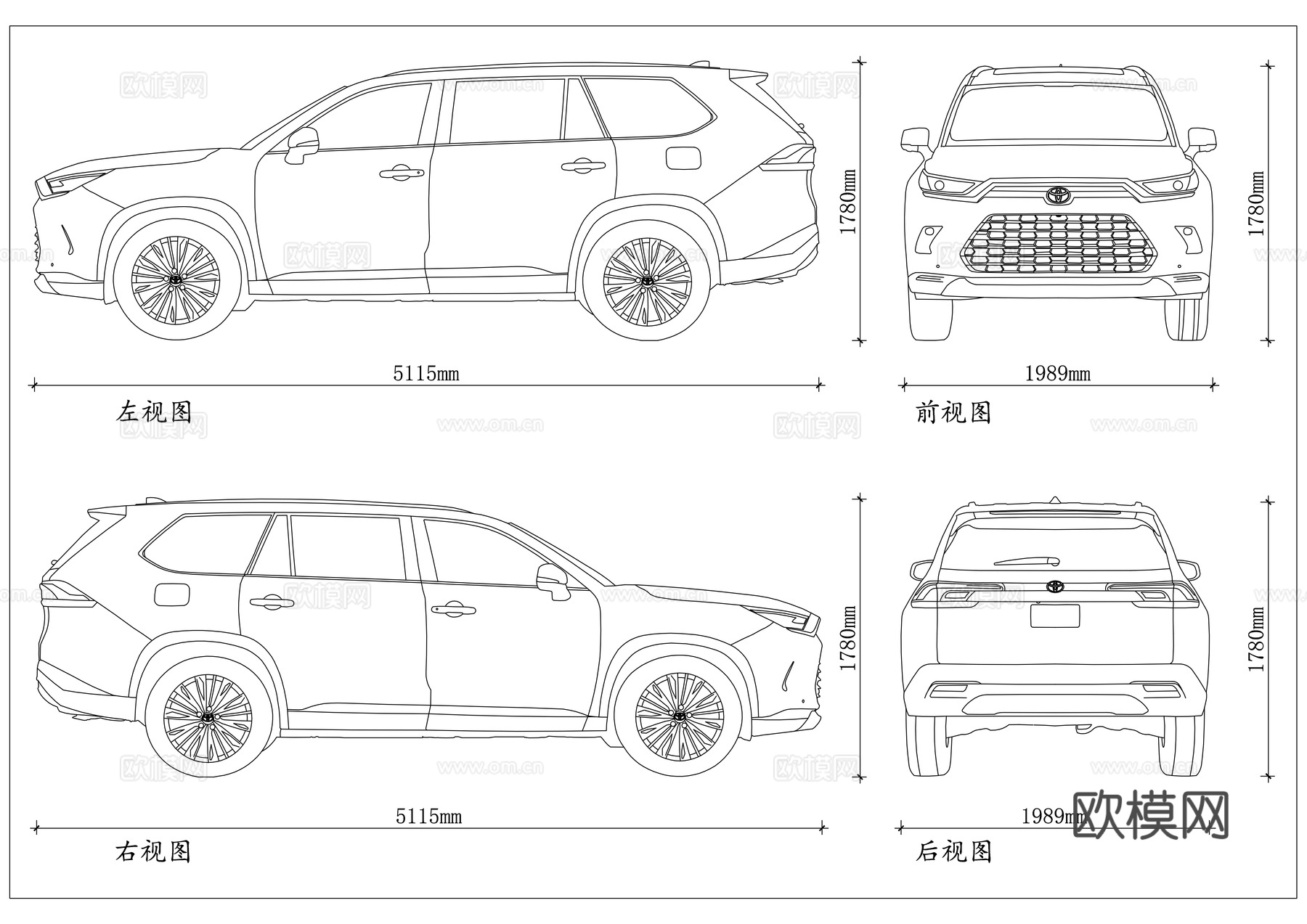 丰田汉兰达 汉兰达SUV 丰田大汉 中型七座SUV 丰田旗舰cad施工图