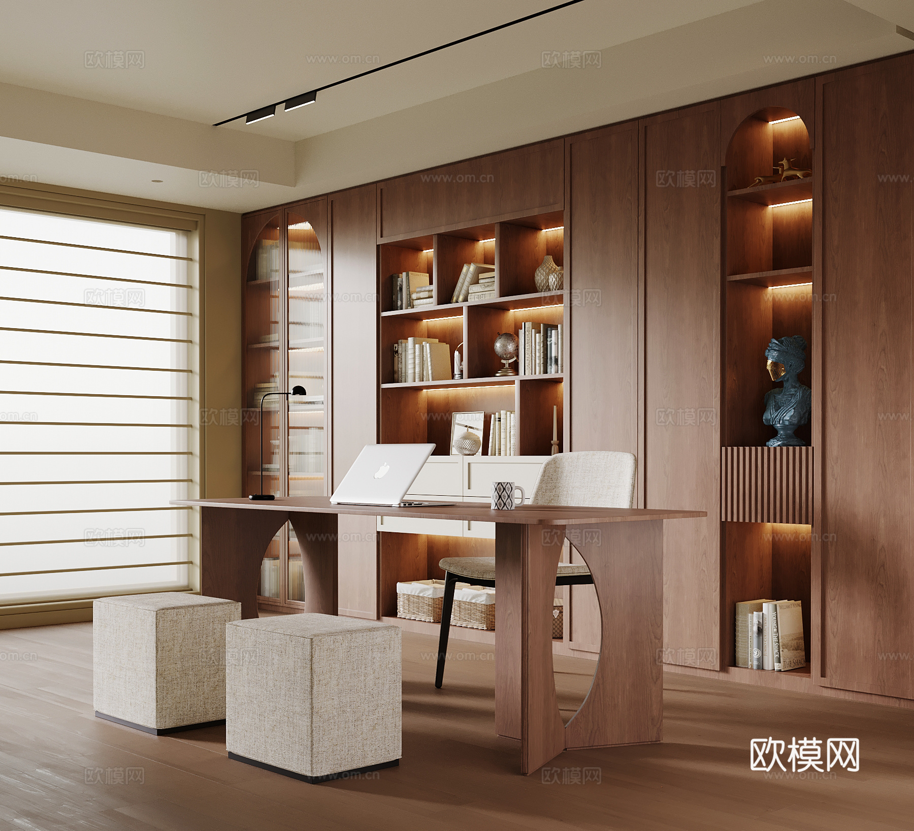 现代中古风书房 书柜 书桌椅su模型