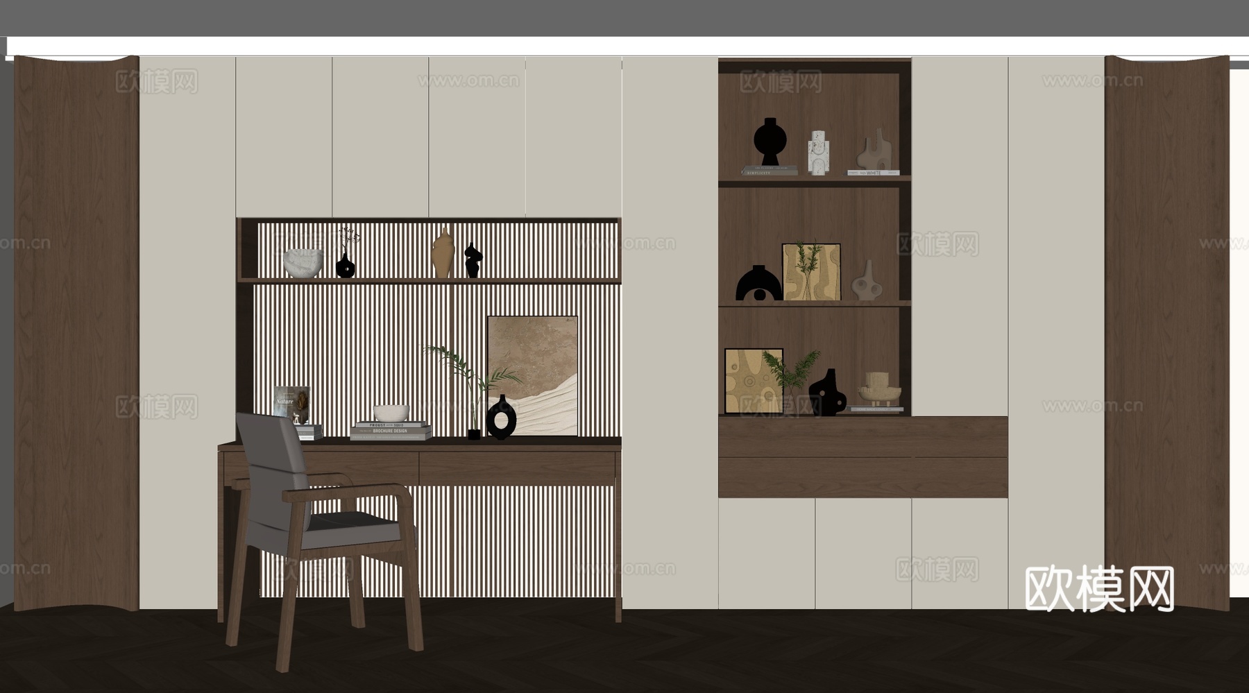 现代书房 书桌书柜组合 储物柜背景柜 装饰柜su模型