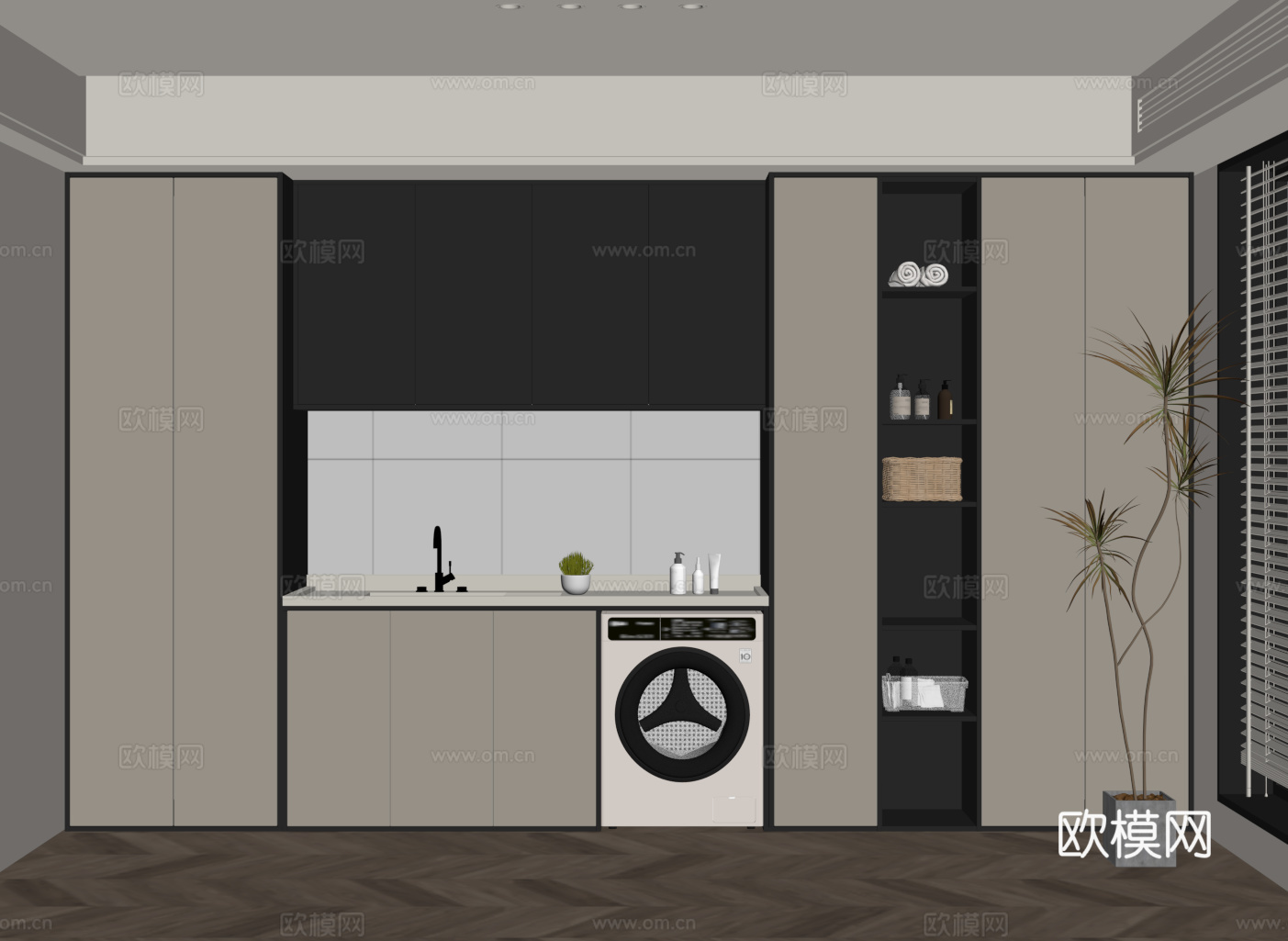 现代意式洗衣房 洗衣机柜su模型