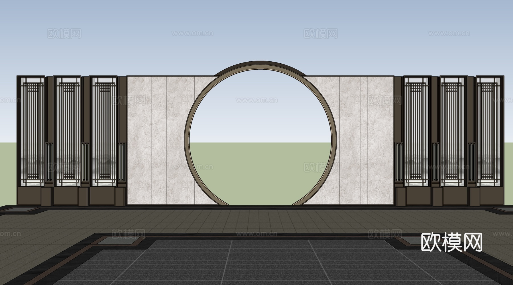 新中式中式景墙 新中式月亮门su模型