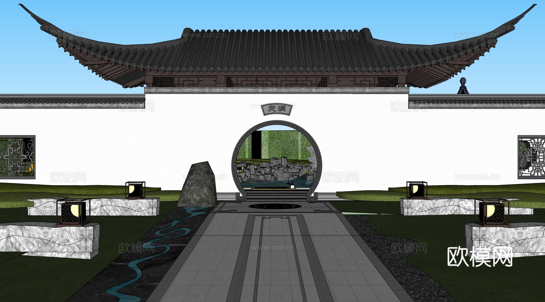 中式别墅庭院 苏式园林 中式古典园林 小桥流水叠山su模型