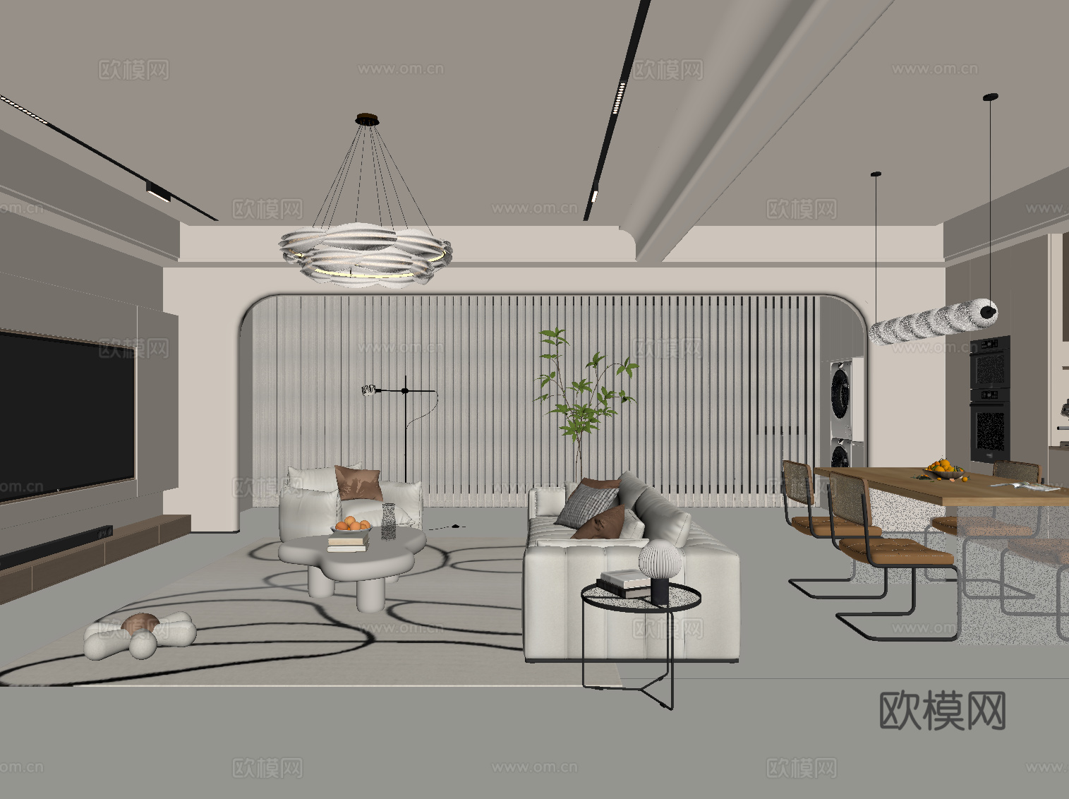 现代奶油风 客餐厅 餐桌椅 酒柜 电视背景墙su模型