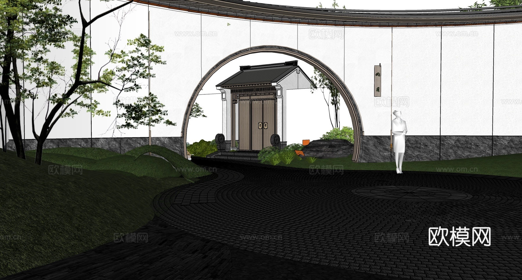 新中式景墙围墙 月洞门月亮门 庭院景墙su模型