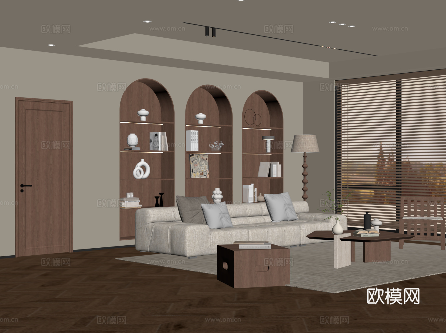 现代中古风客厅 书柜背景墙 沙发茶几组合su模型