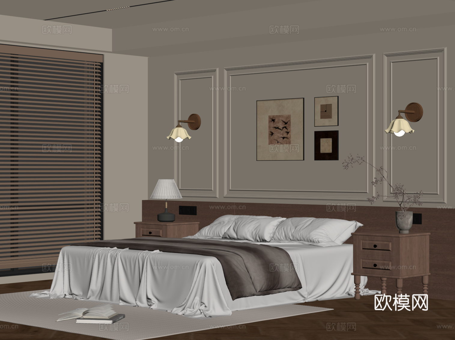 法式中古风卧室 家居卧室 床头柜 双人床su模型