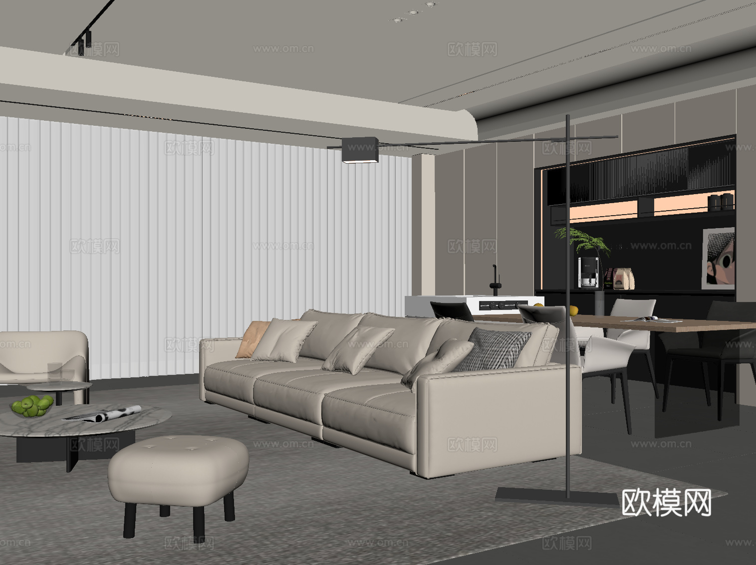 现代意式客厅 沙发茶几组合 酒柜 岛台su模型