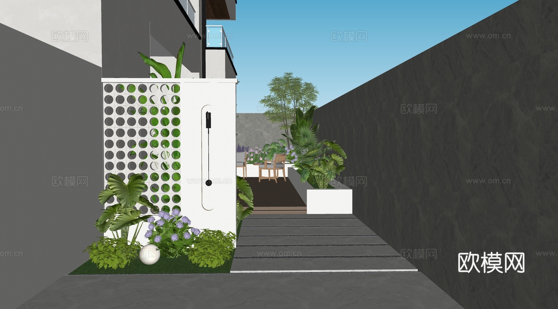 现代法式景墙 庭院入户景墙 小面积庭院 别墅庭院景观su模型