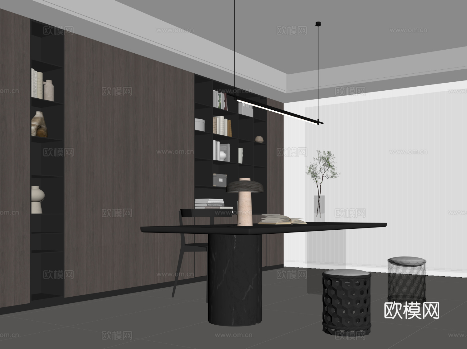 现代意式书桌椅 极简书柜 置物柜 书桌椅su模型