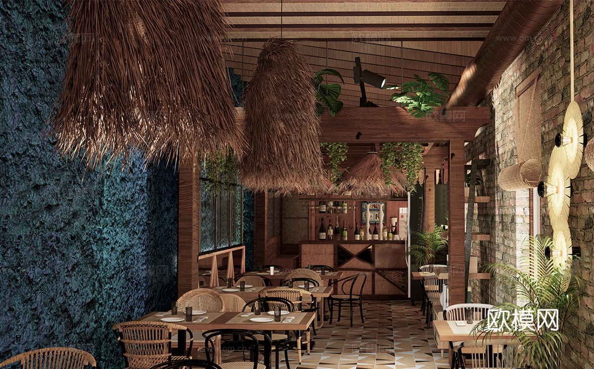 东南亚风格餐厅 餐桌椅组合su模型