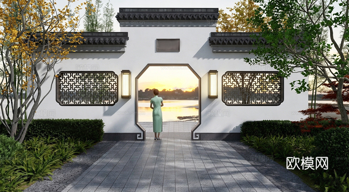 新中式月洞门景观su模型