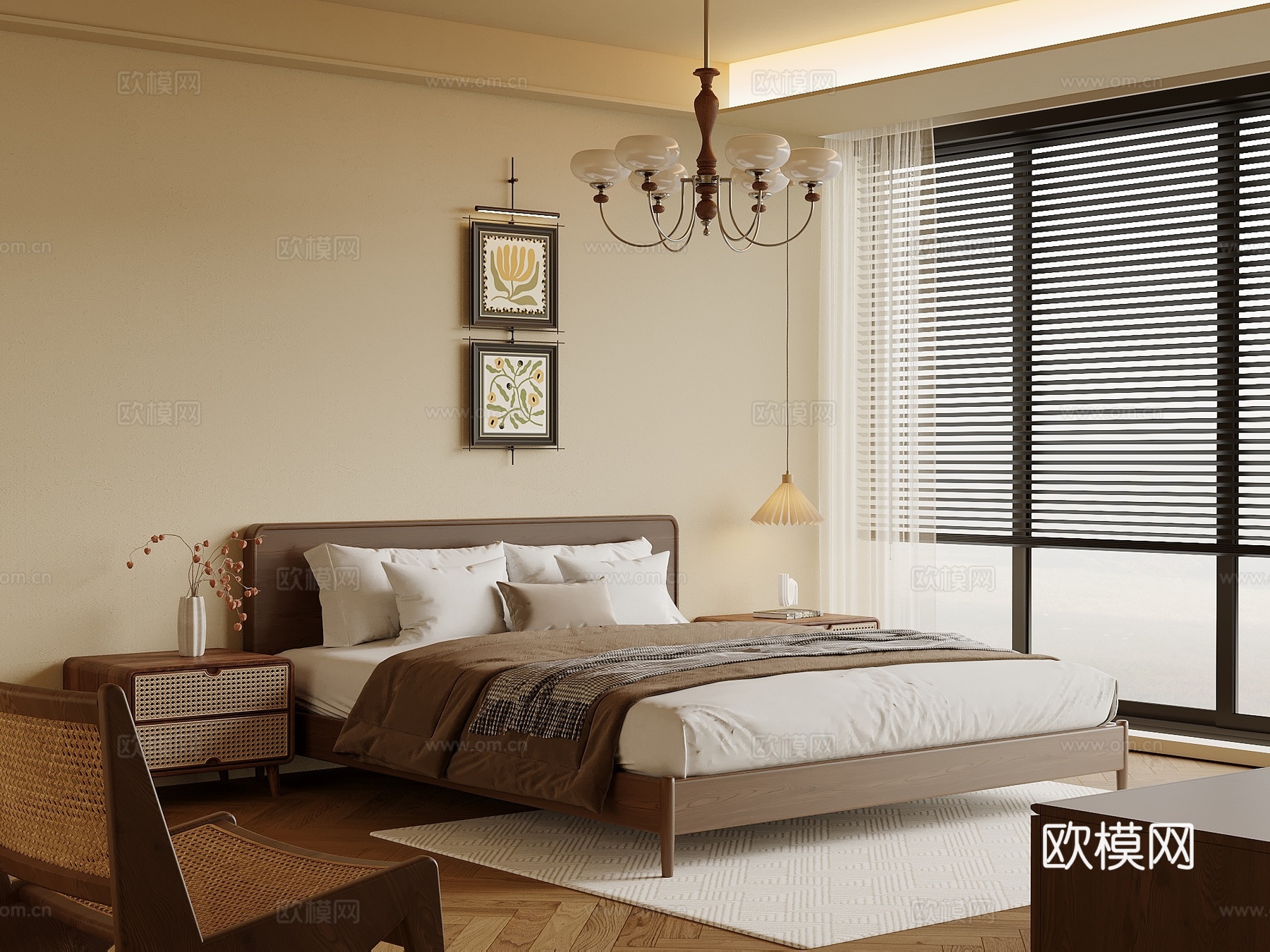 中古风卧室 双人床 床头柜su模型
