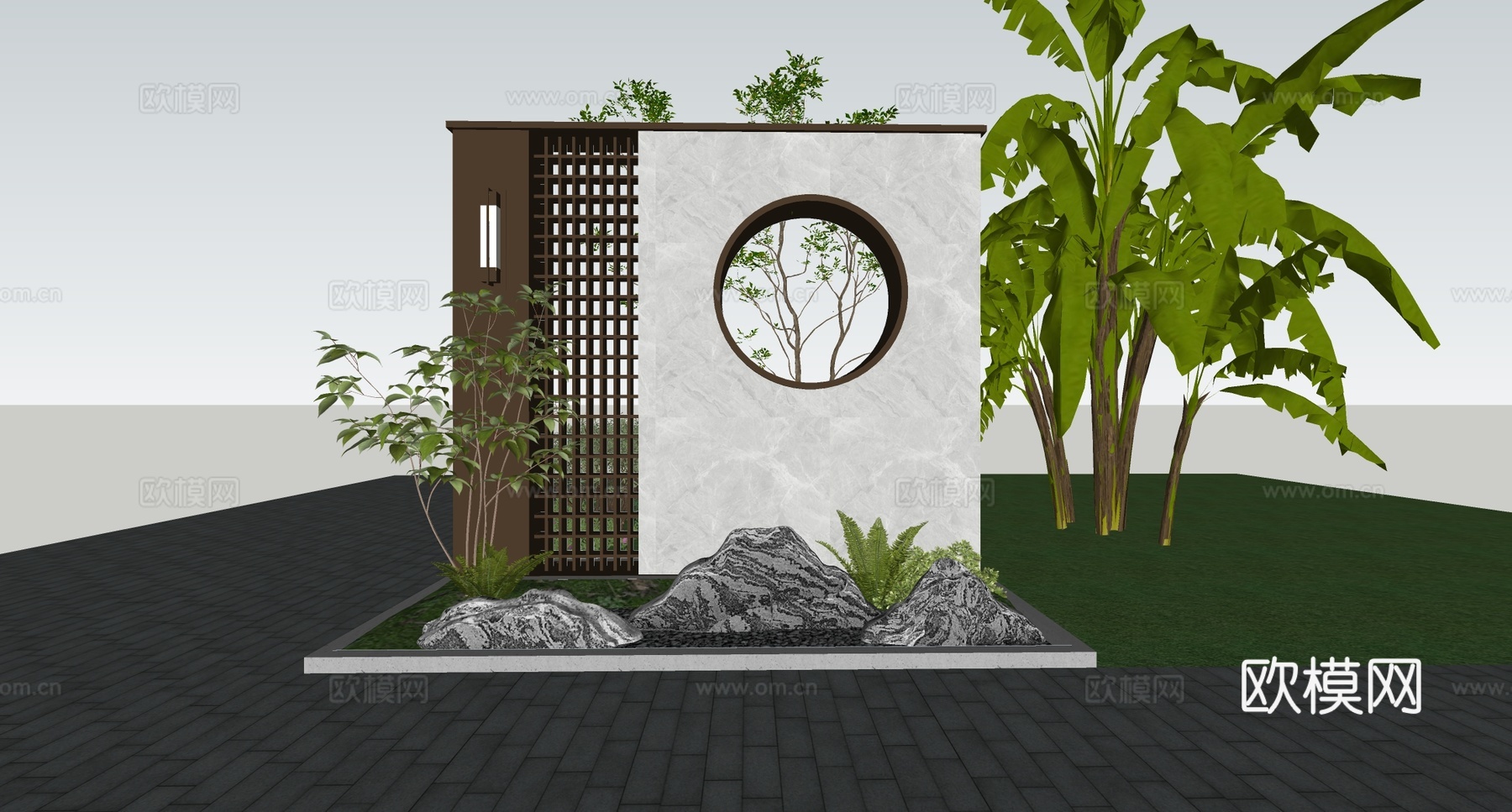 新中式现代景墙 景观墙 入户景墙 照壁 宋式美学 别墅庭院su模型