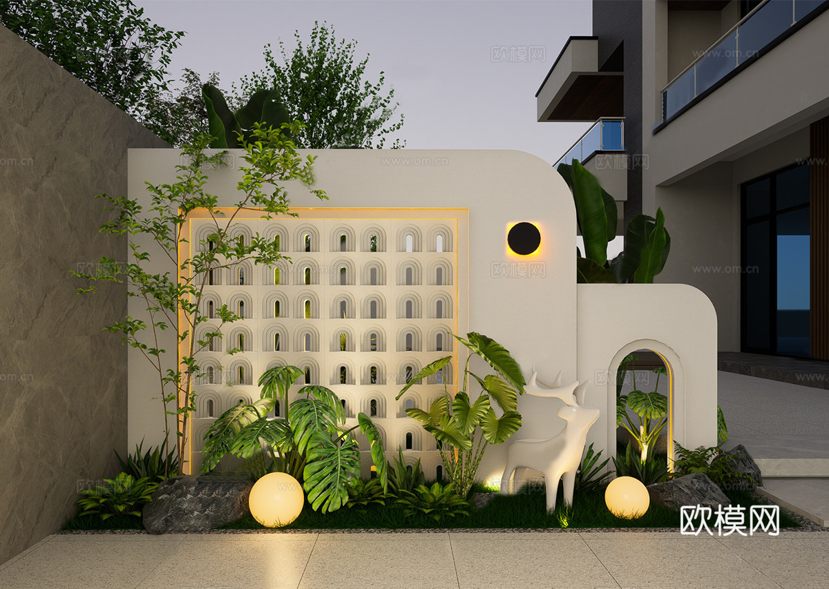 现代法式景墙 庭院入户景墙 别墅庭院 景墙照壁su模型