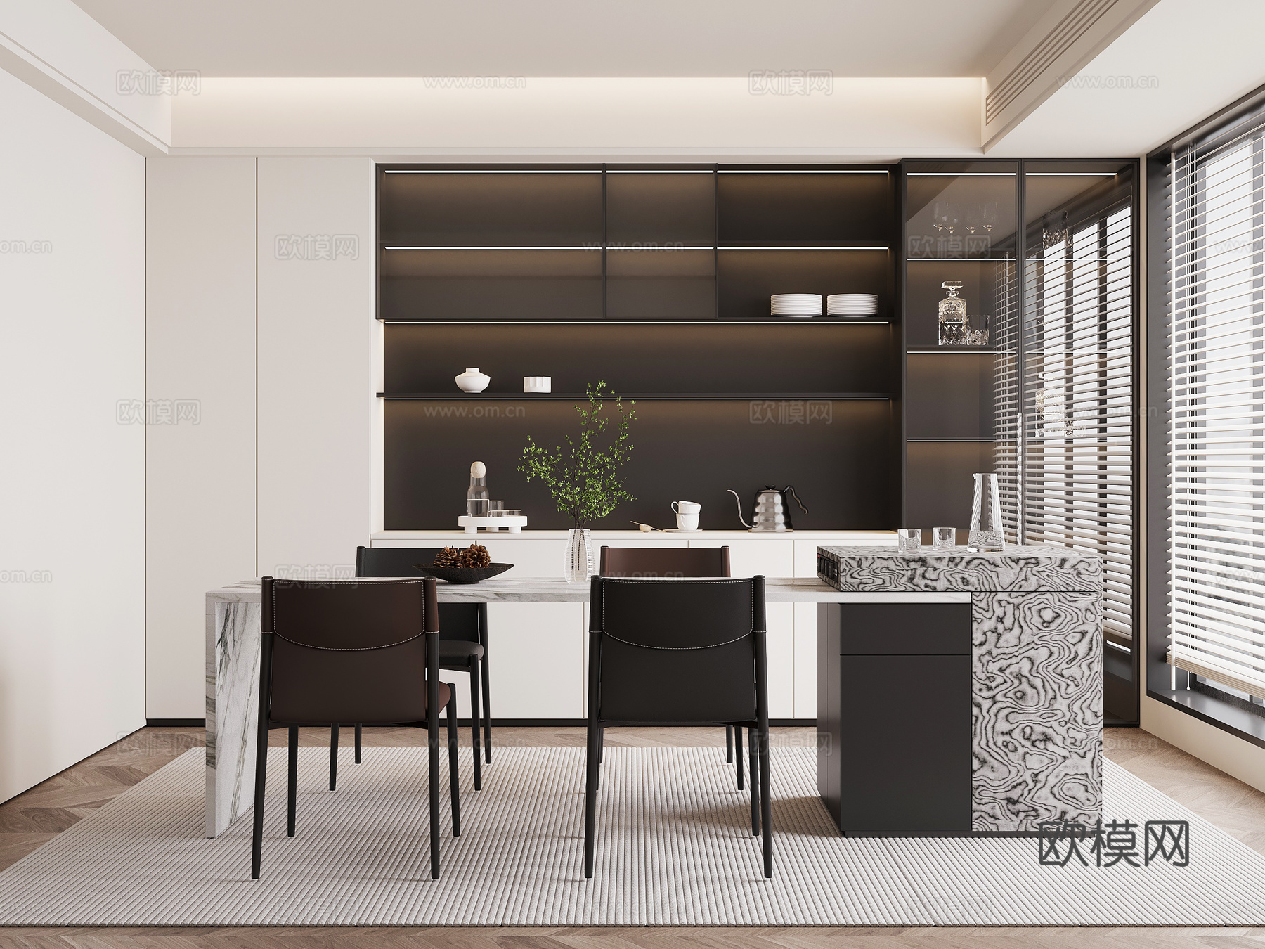 现代餐厅 餐桌椅 酒柜su模型