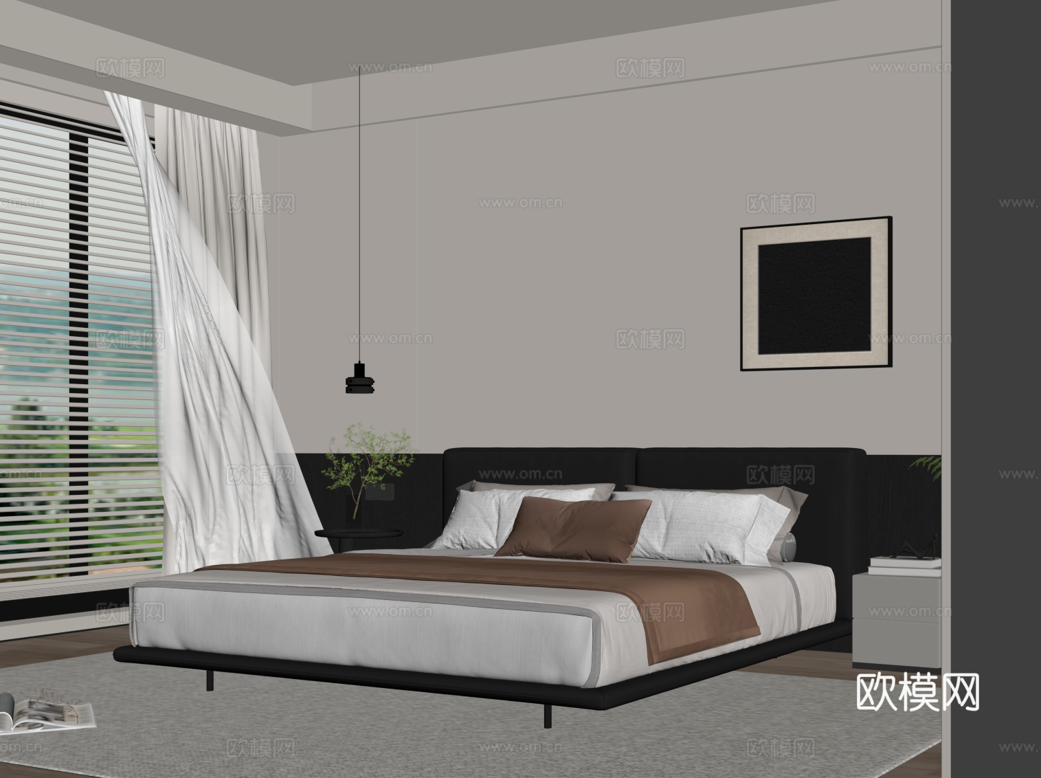 现代意式卧室 双人床su模型