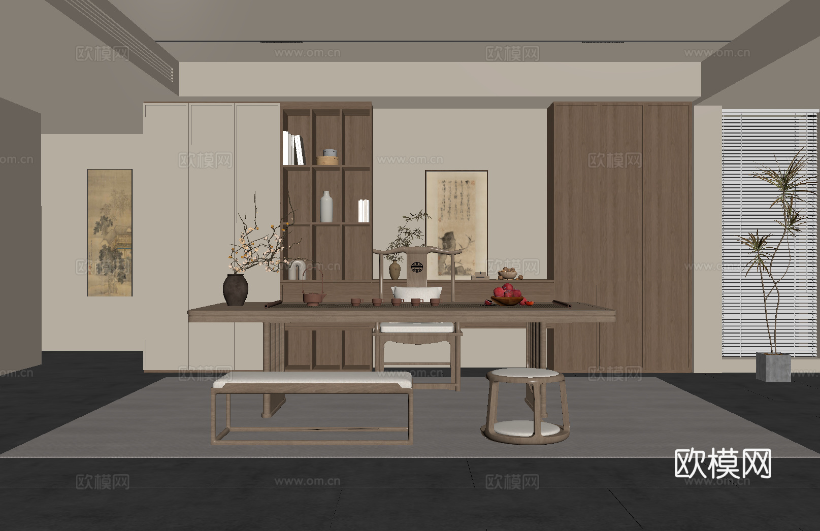 新中式茶室 茶桌椅 茶柜su模型