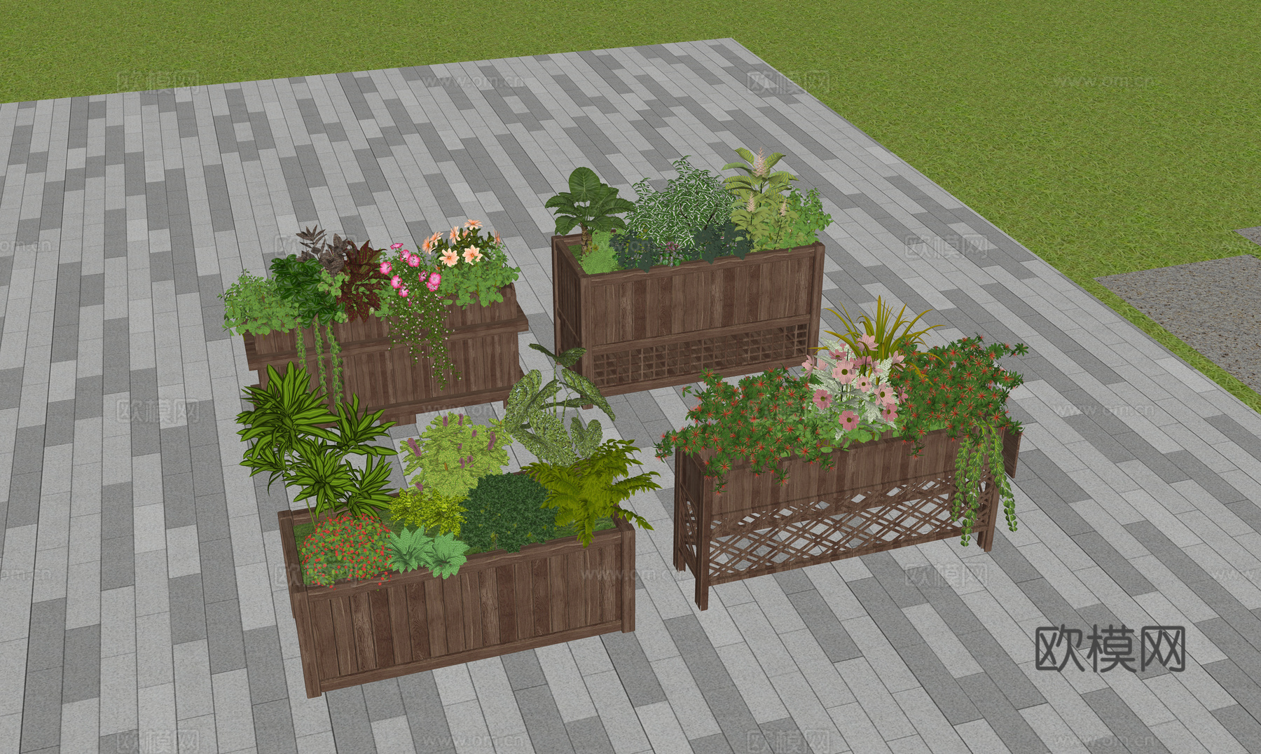 现代花箱  网红花箱  原木花箱su模型