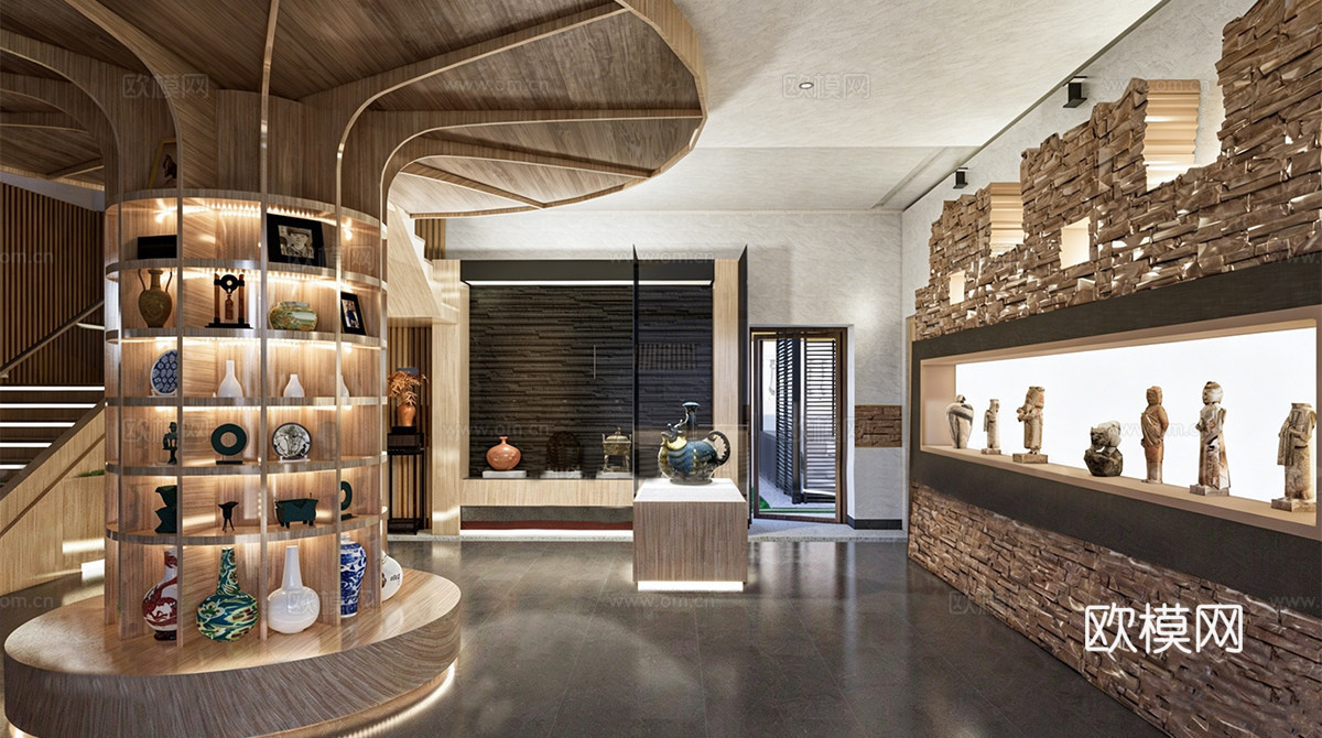 现代陶瓷文化展厅 博物馆 收藏馆 文物橱柜su模型