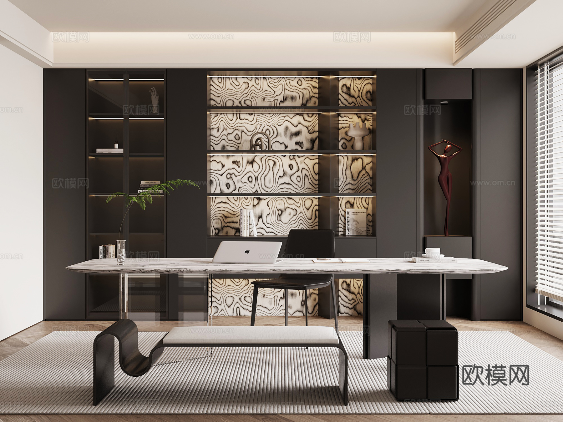 现代意式书房 书桌椅 书柜su模型