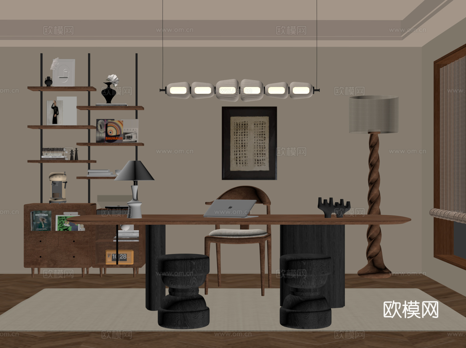 现代中古风书房 书桌椅 书架 置物架su模型