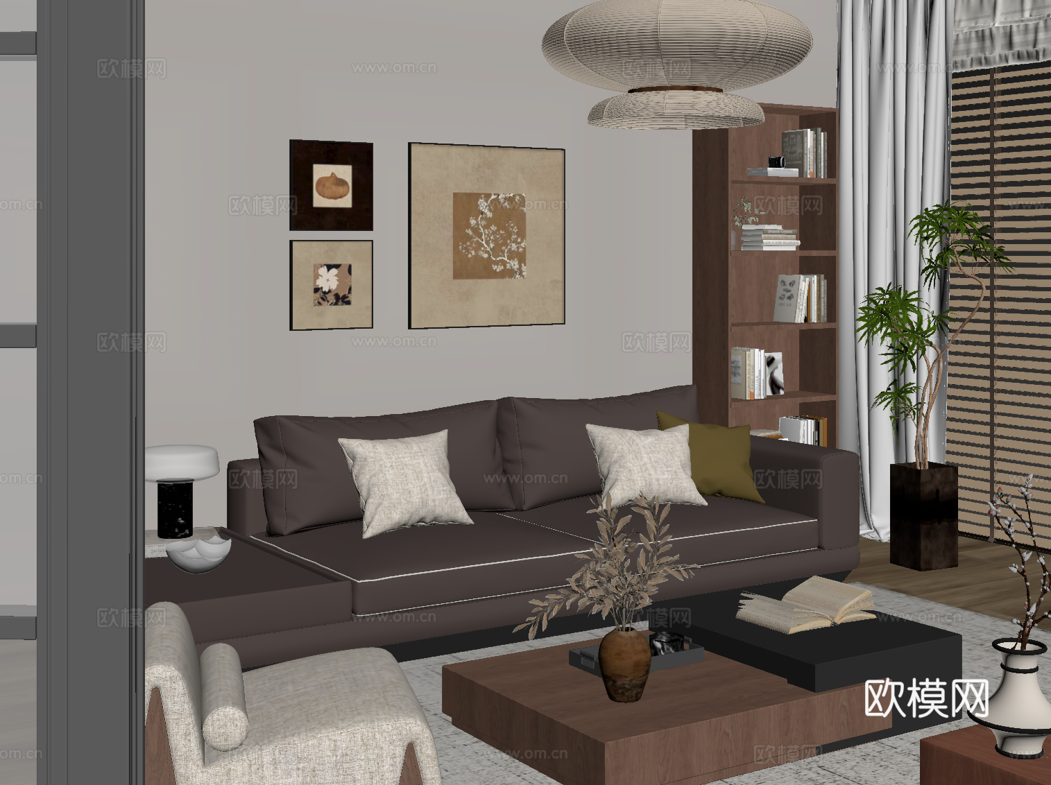 中古风家居客厅 沙发茶几组合 边柜 书柜su模型
