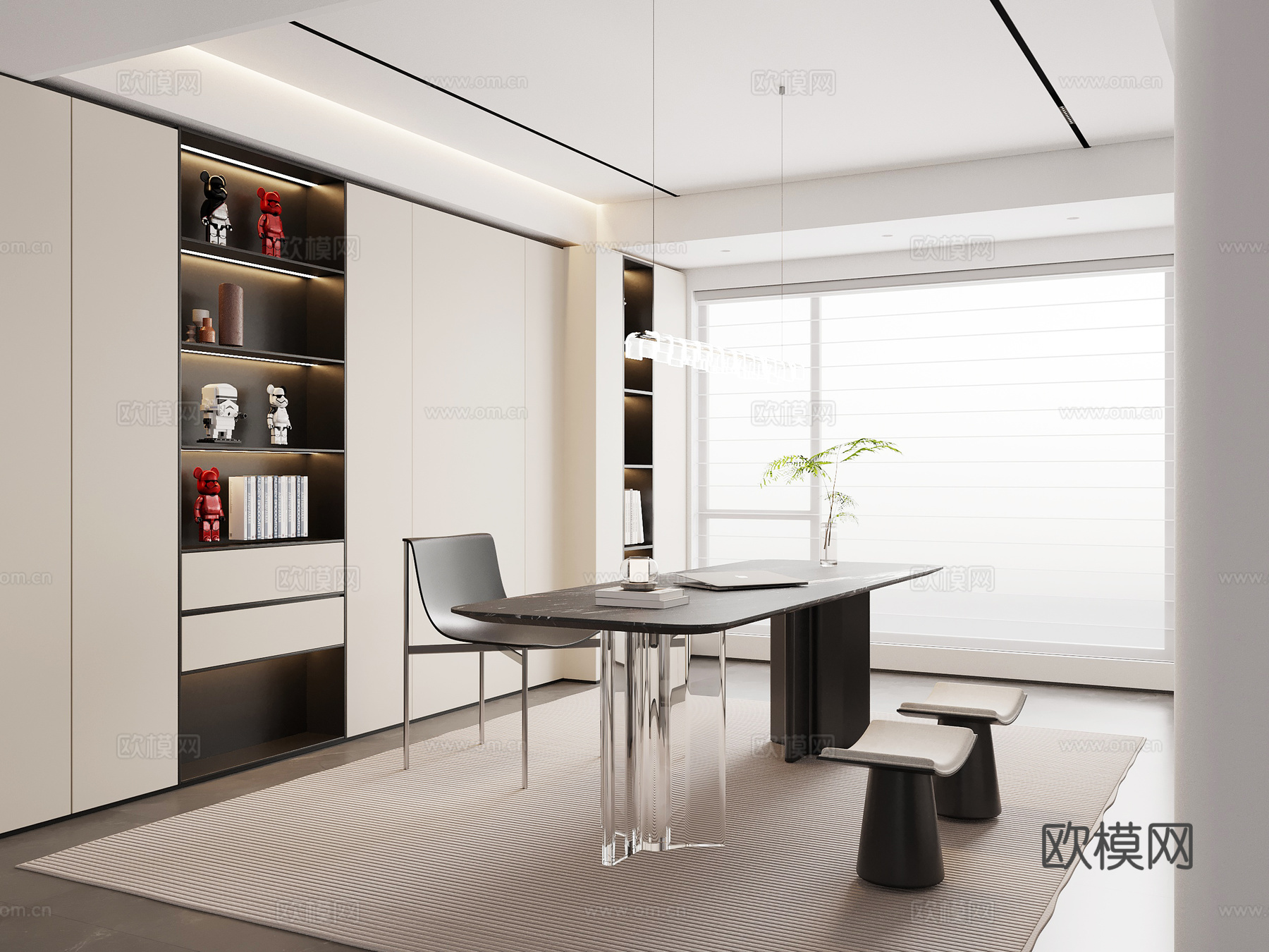 现代意式书房 书桌椅 书柜su模型