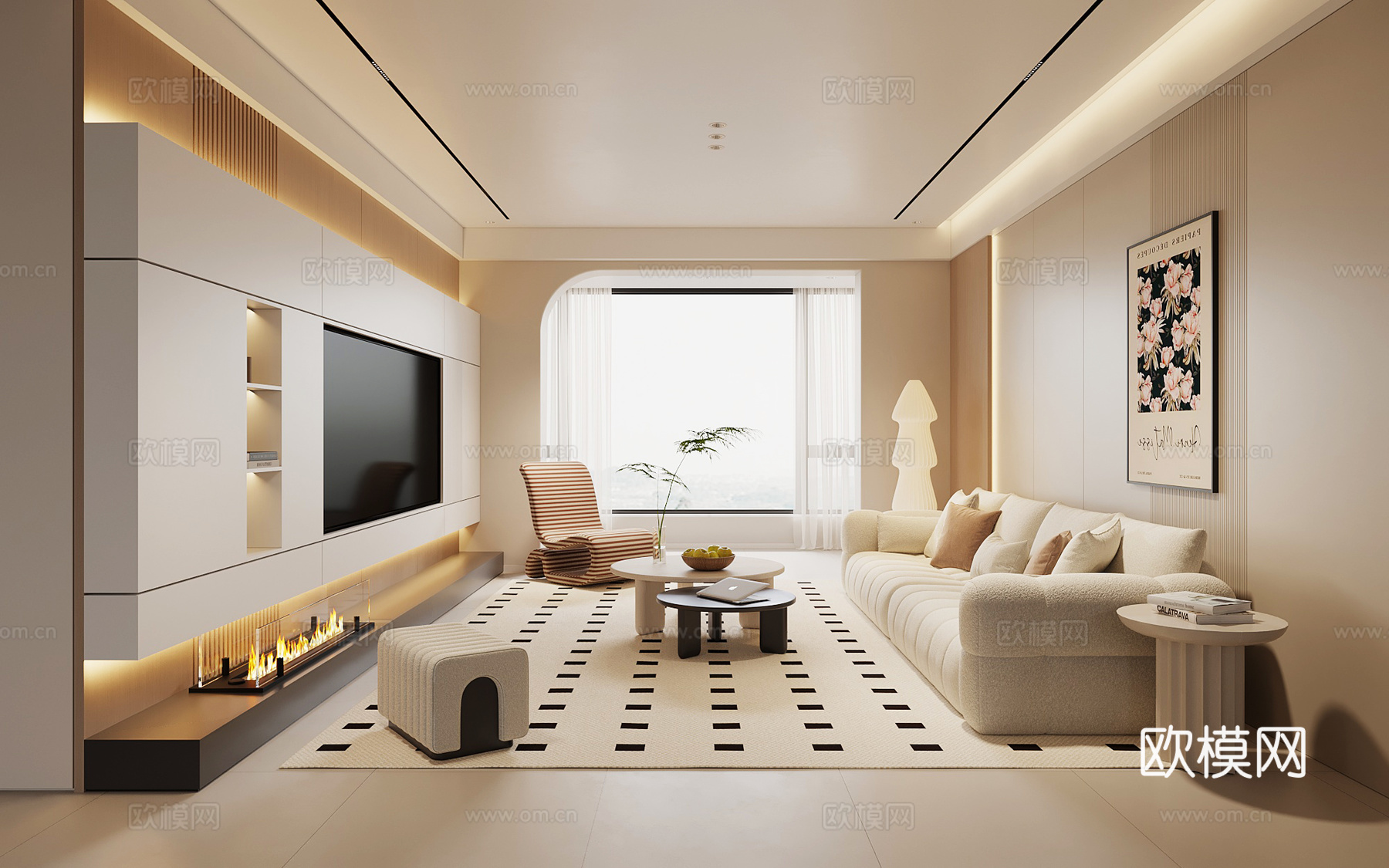 现代奶油风客厅su模型