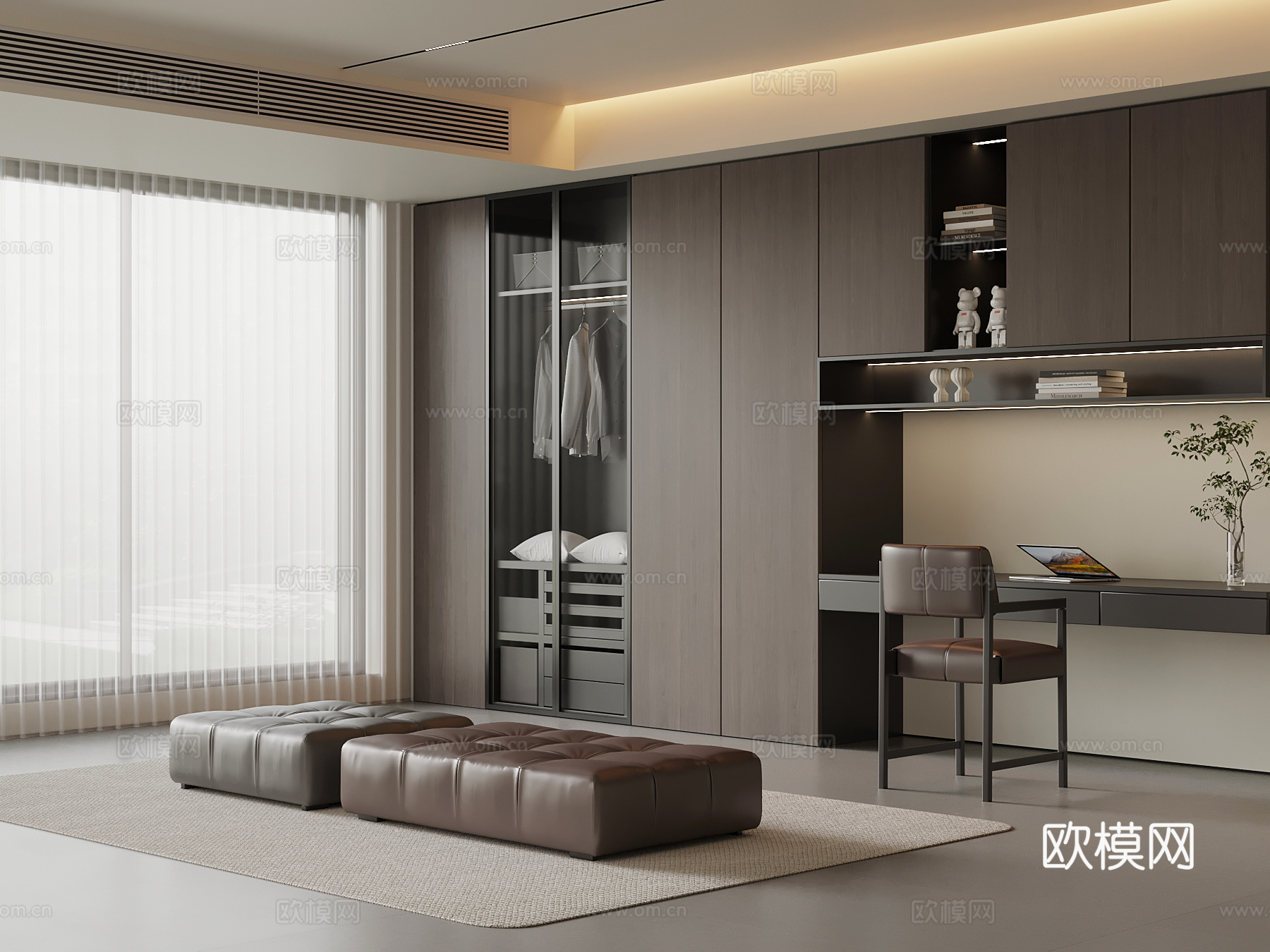 现代意式衣帽间 一体式衣柜 换鞋凳su模型