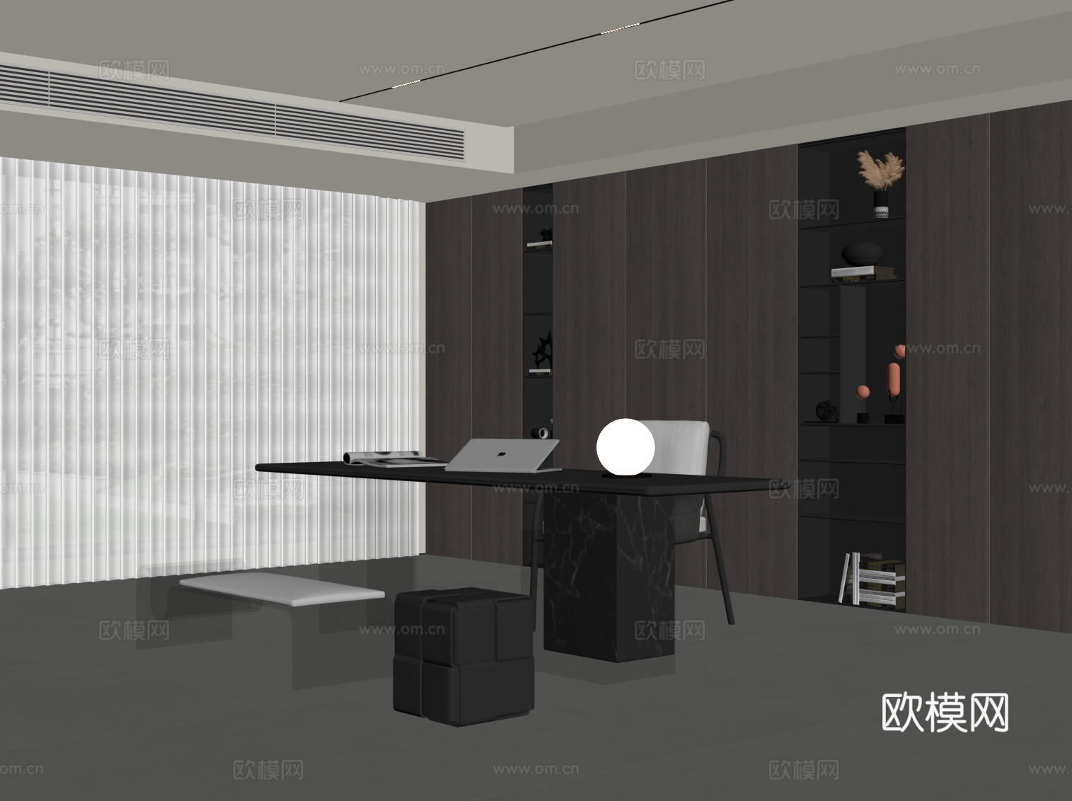 现代意式极简书房 书柜 书桌椅su模型