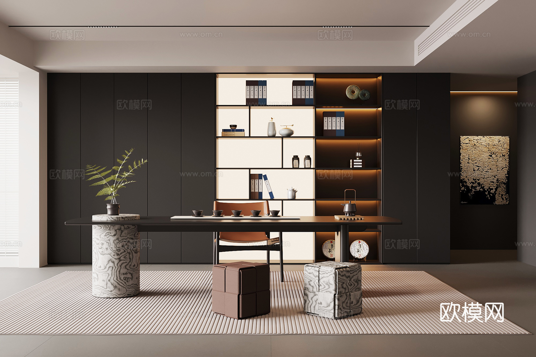 现代意式茶室 新中式茶室 茶桌椅 茶柜su模型