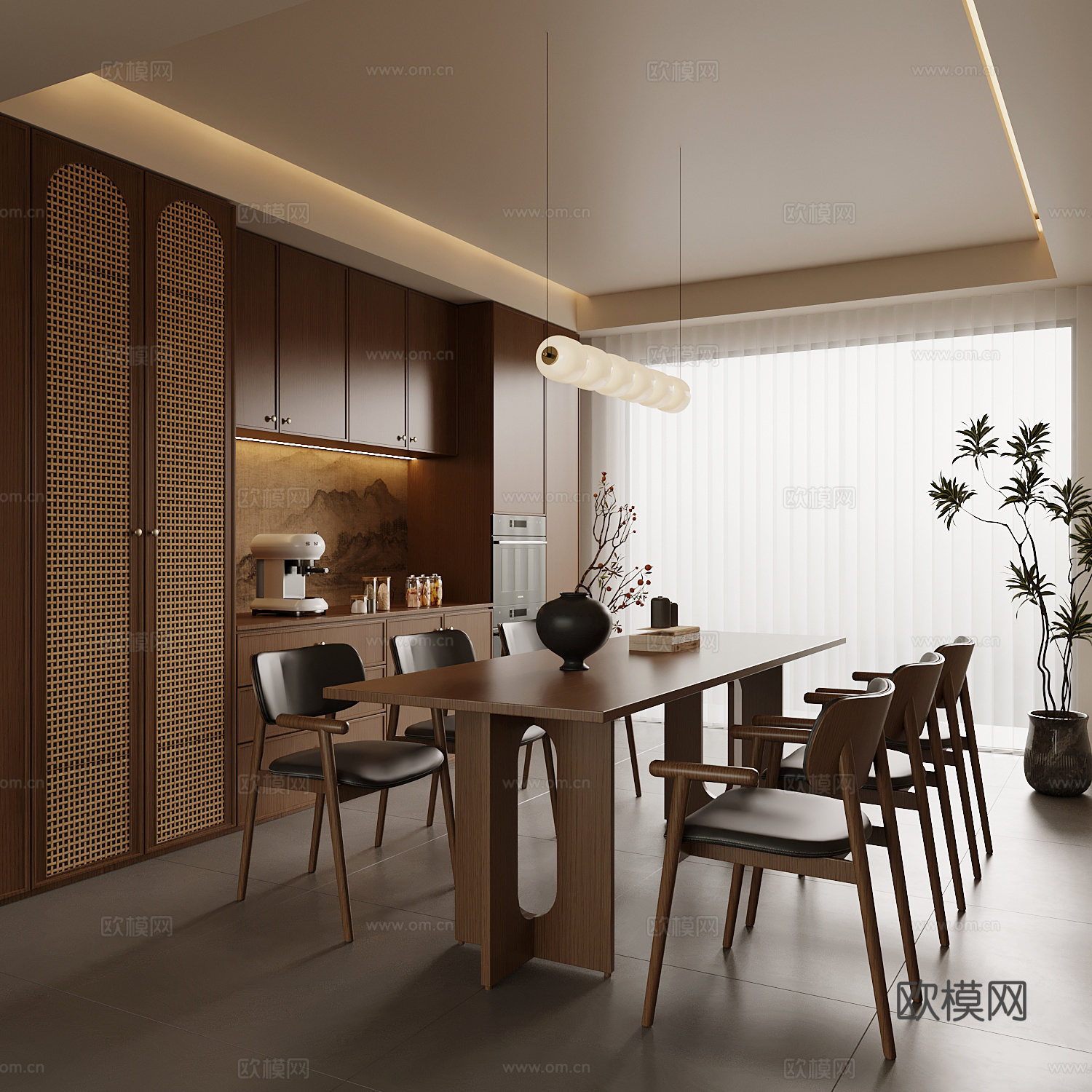 新中式餐厅 餐桌椅 餐边柜su模型