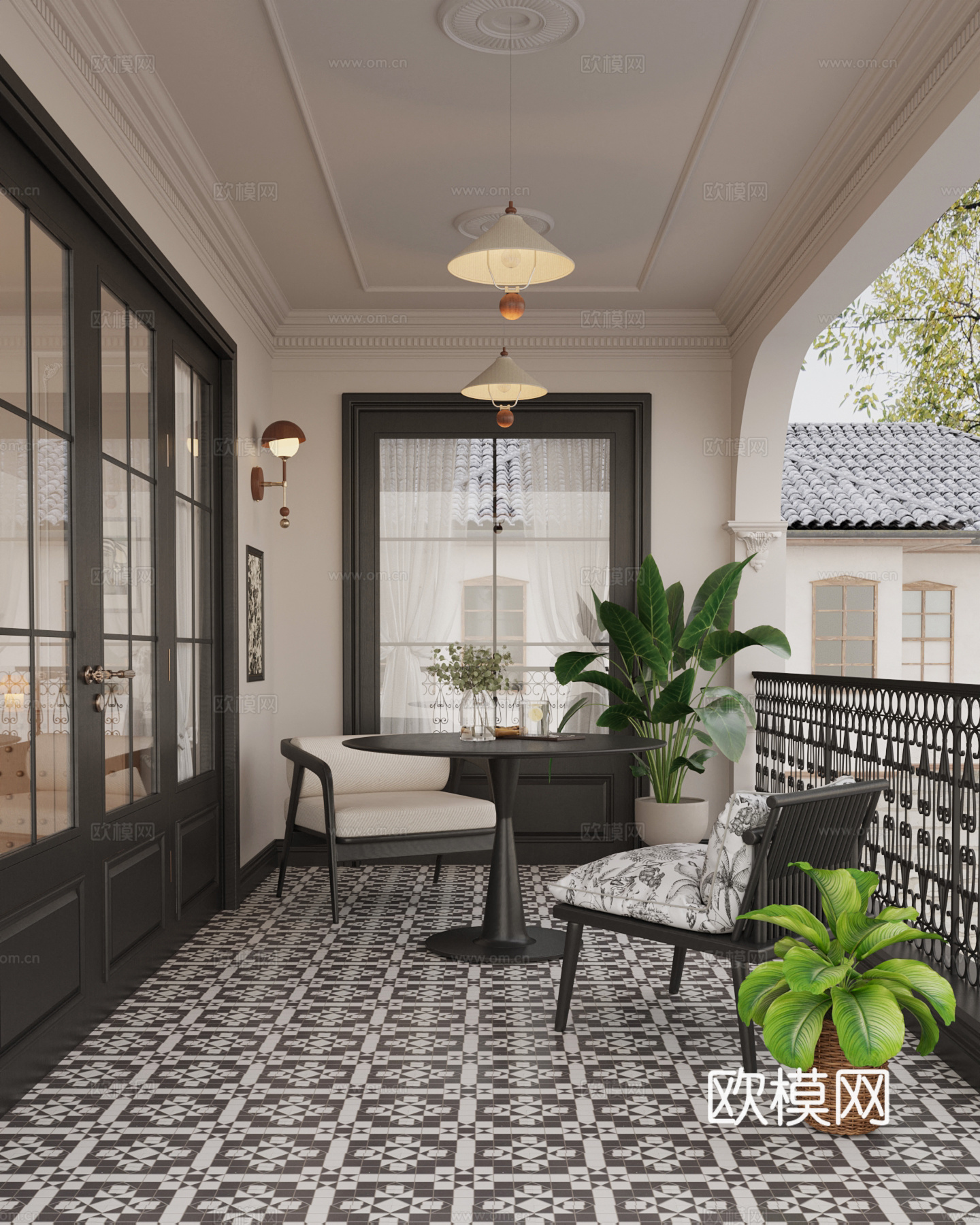 法式中古风阳台 休闲桌椅su模型