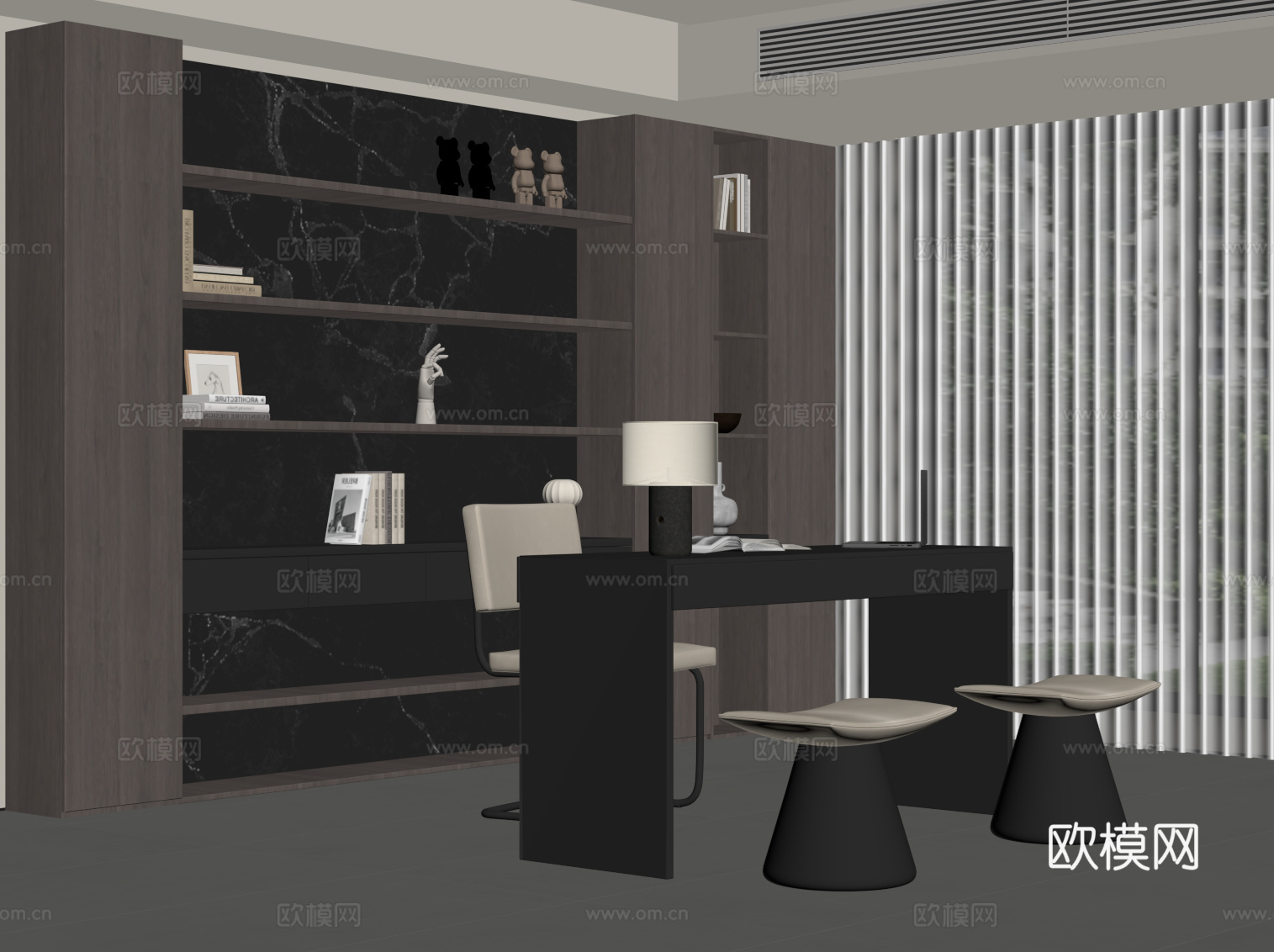 现代意式书房 书桌椅 置物柜 书柜su模型