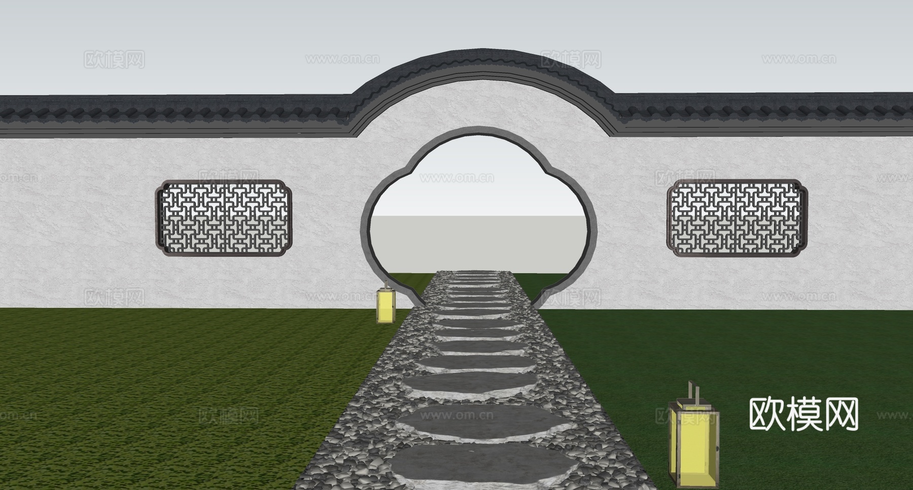 新中式庭院景观 月洞门景墙su模型