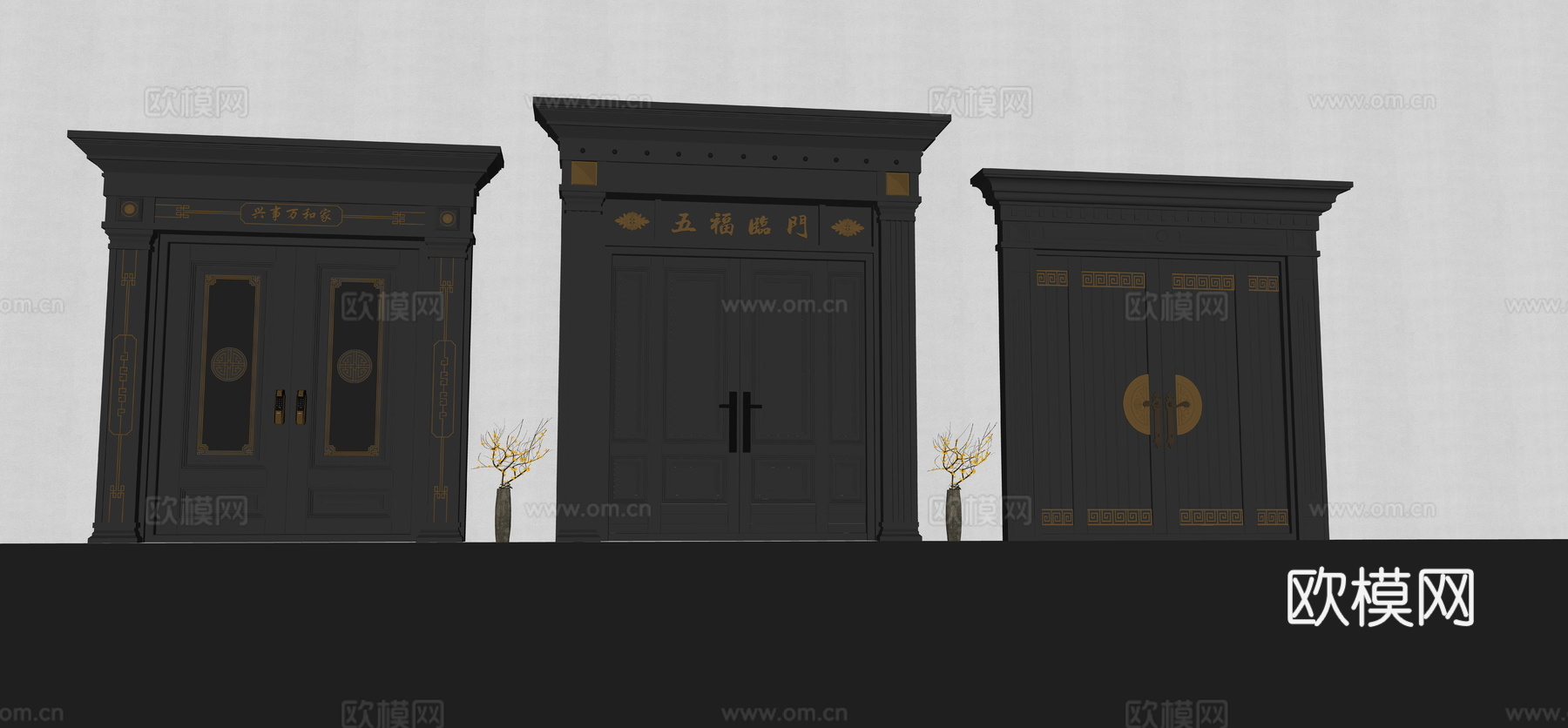 双开门  新中式大门su模型