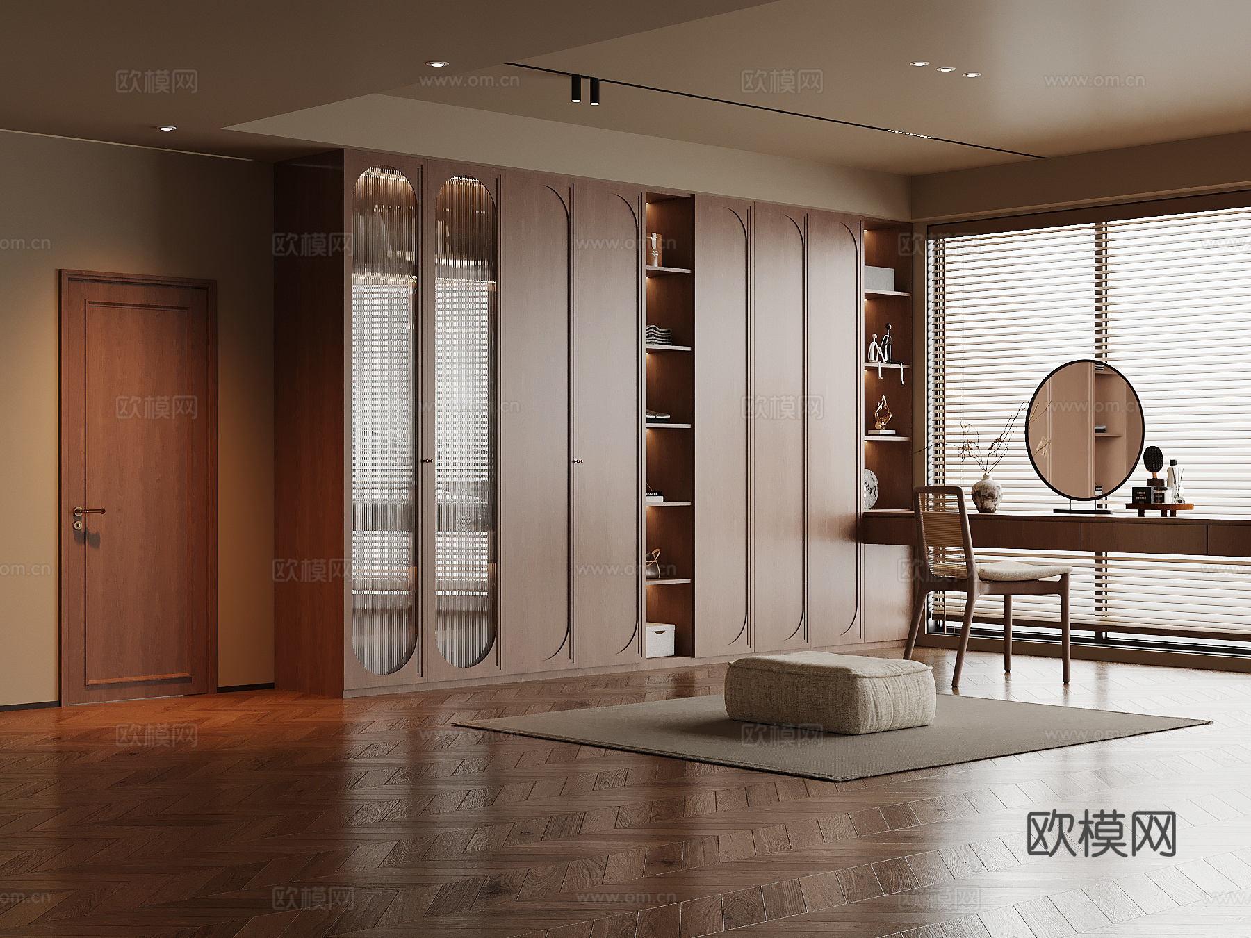 现代中古风衣帽间 衣柜 梳妆台su模型