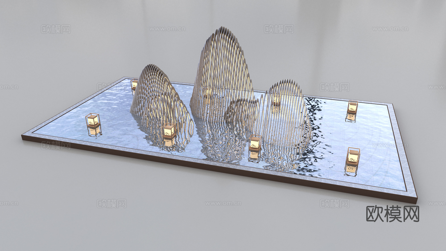 现代景观雕塑水景水池 雕塑造型 新中式地灯 水景池 入口水景su模型