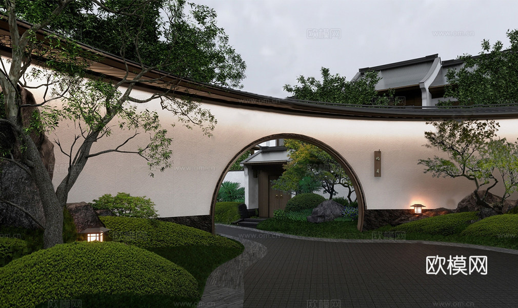 新中式景墙围墙 月洞门月亮门 庭院景墙su模型