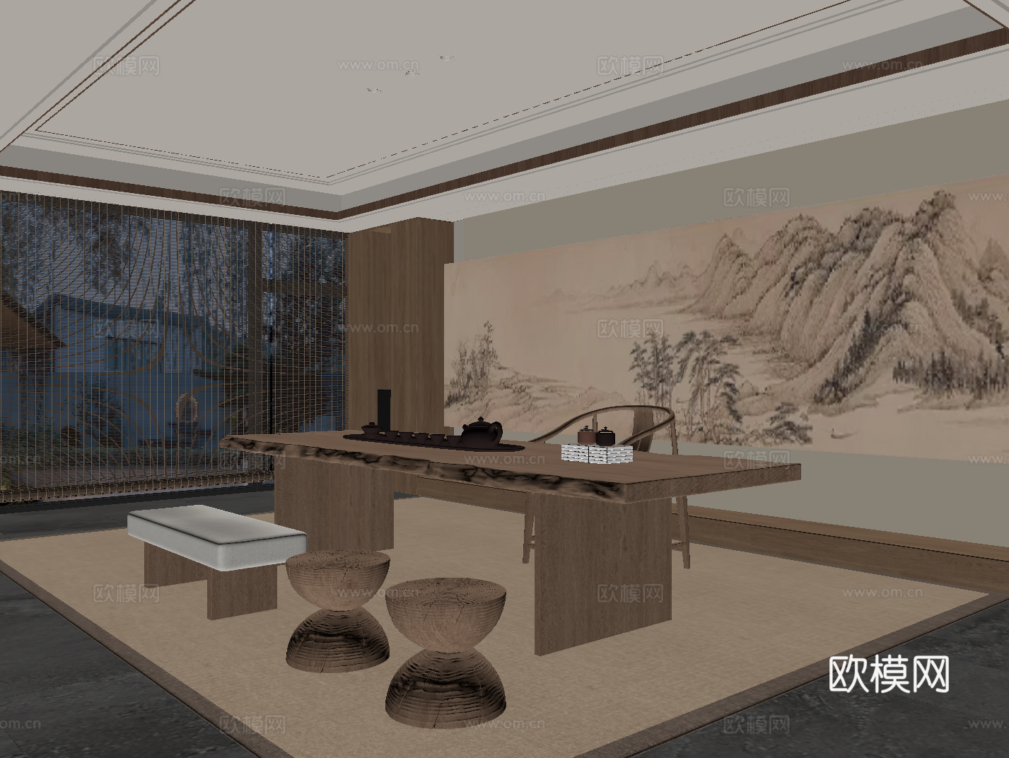 新中式茶室 茶桌椅su模型
