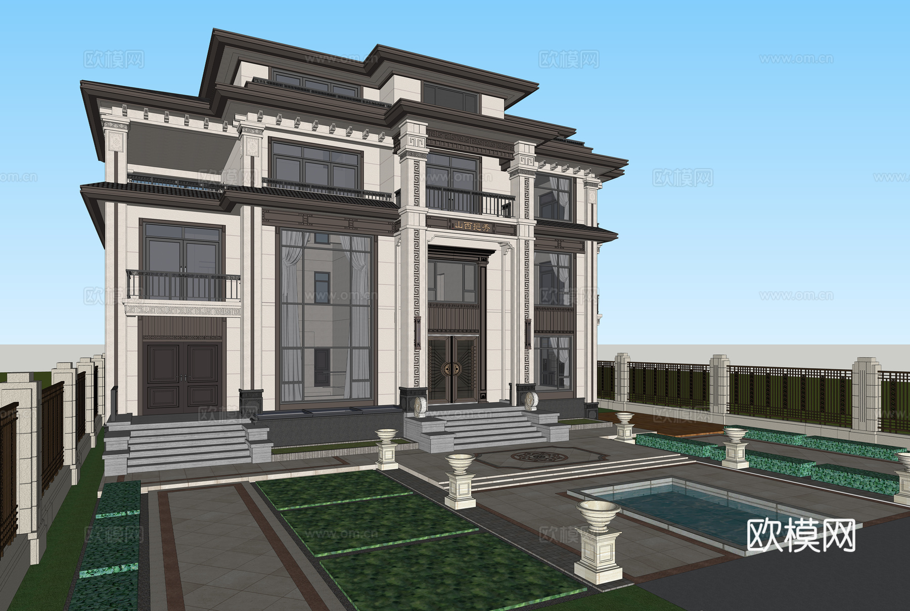 新中式独栋别墅 庭院 自建房 建筑立面su模型