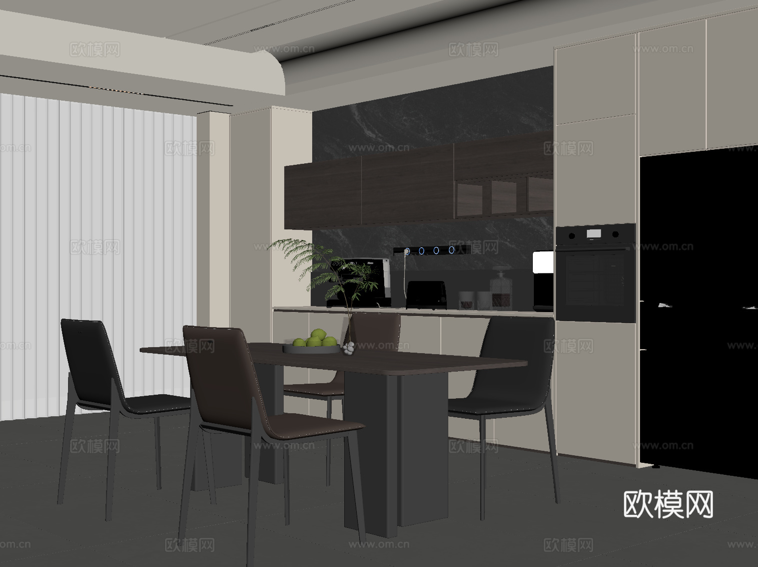 现代意式餐厅 餐桌椅 酒柜su模型