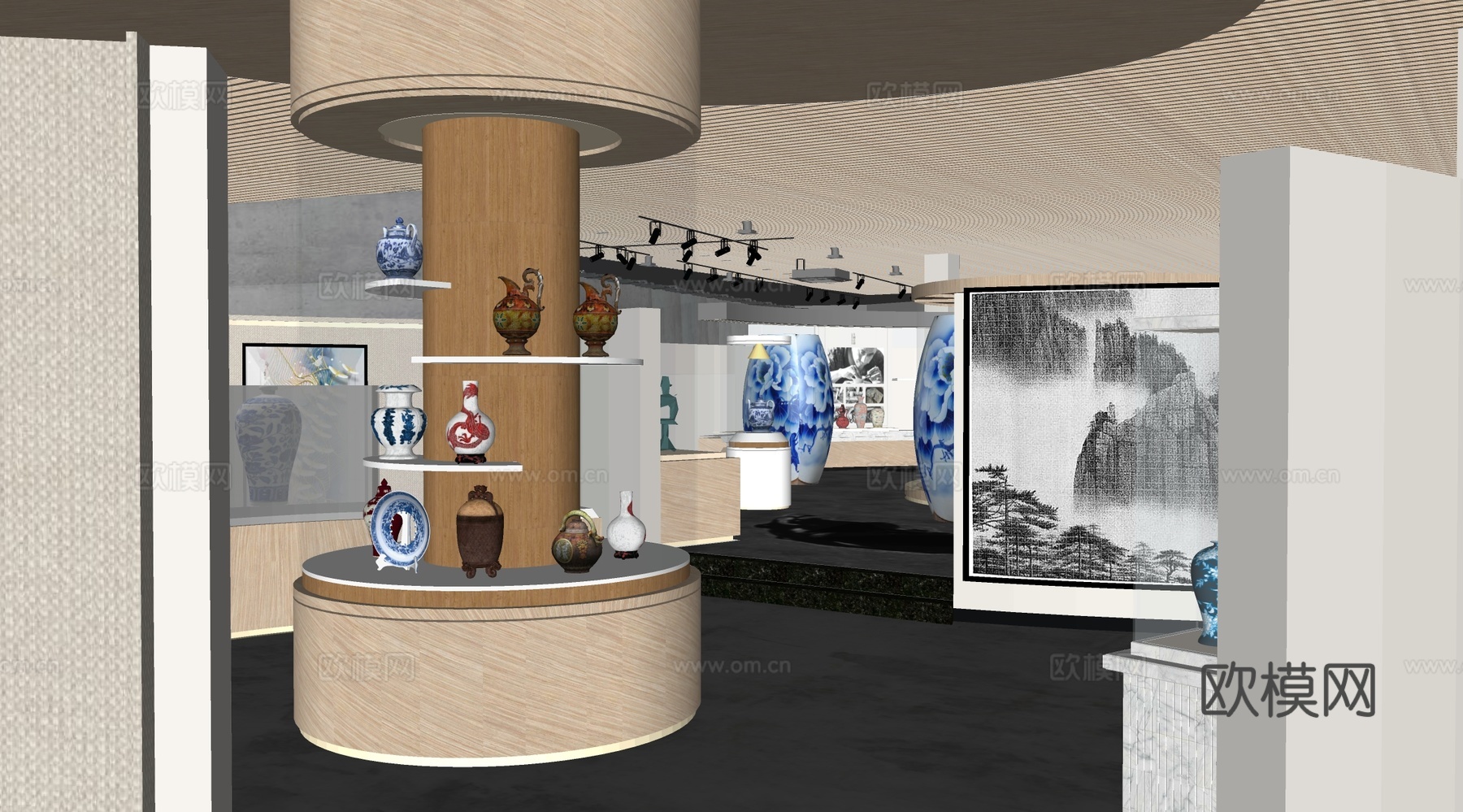 现代青花瓷博物馆 陶瓷博物馆 青花瓷陶瓷 花瓶柜台su模型